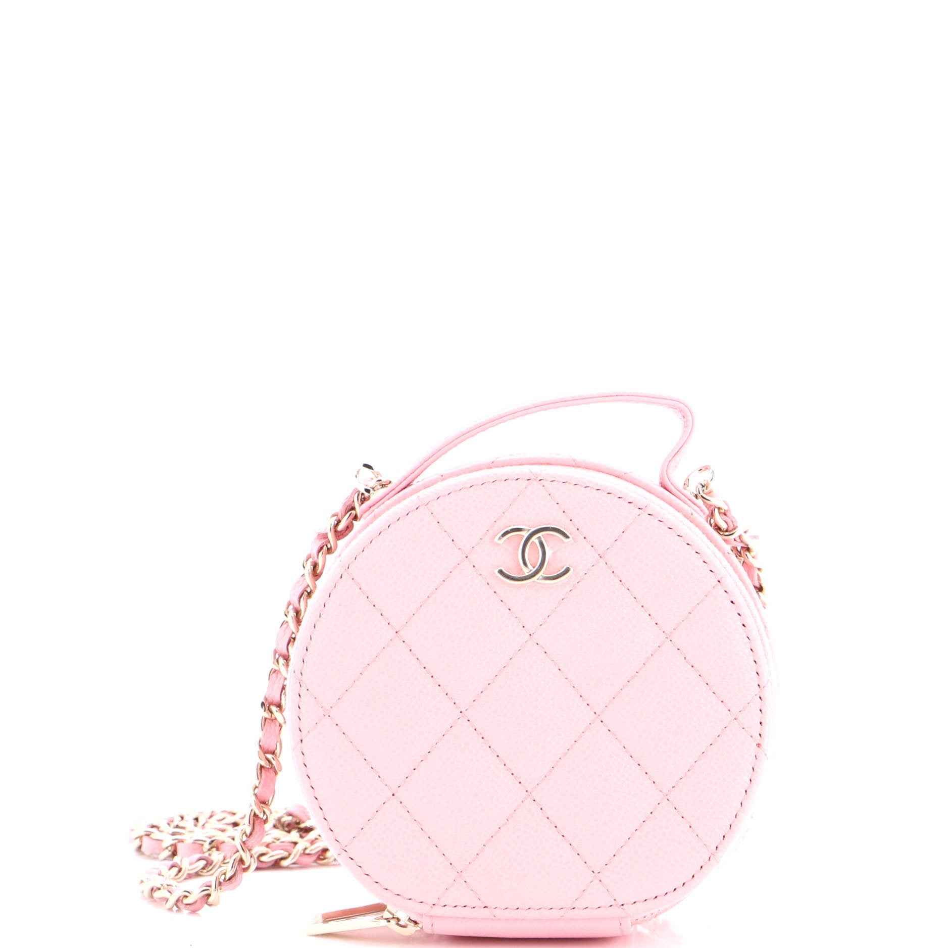 Handle with Care Round Vanity Case with Chain Quilted Caviar Small