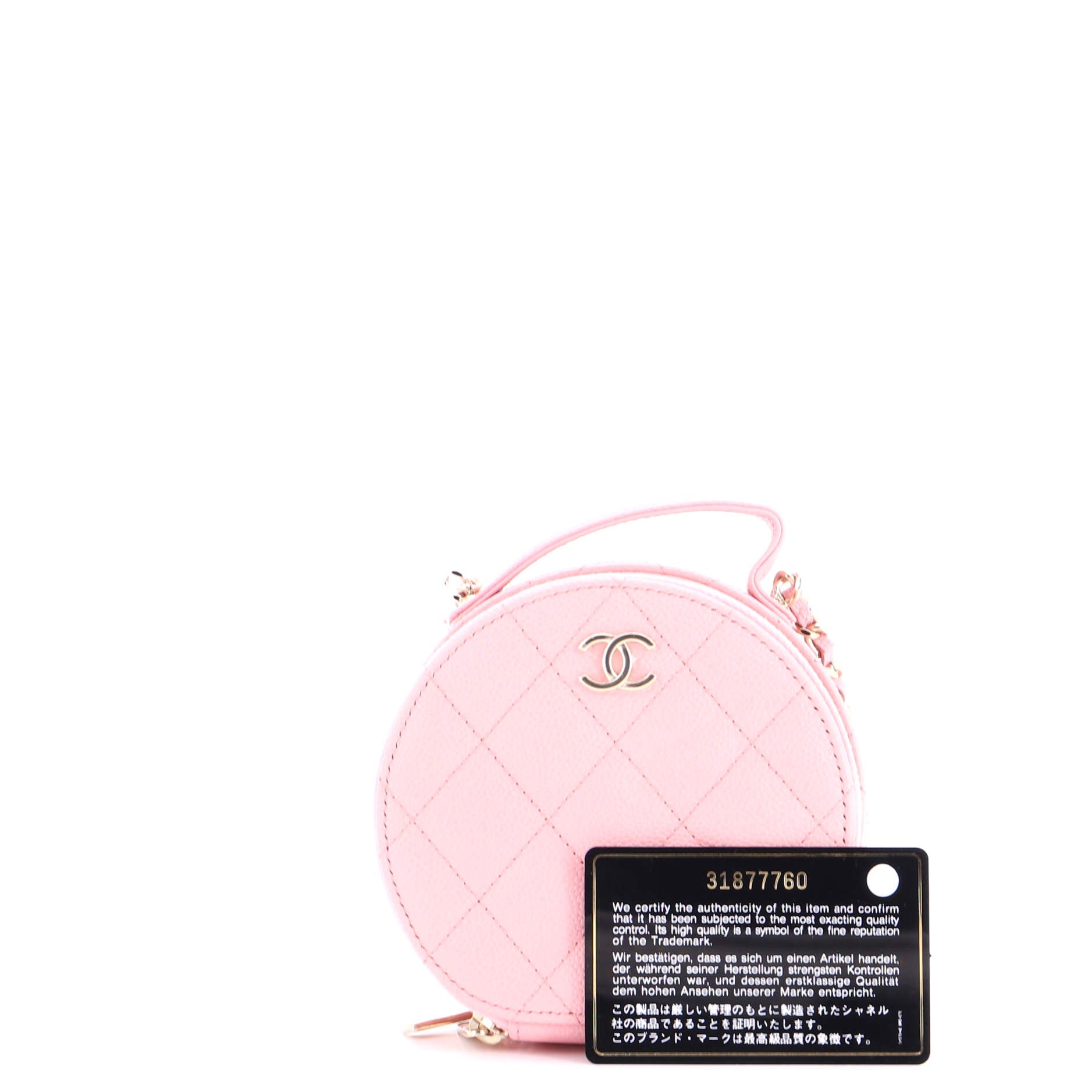 Handle with Care Round Vanity Case with Chain Quilted Caviar Small