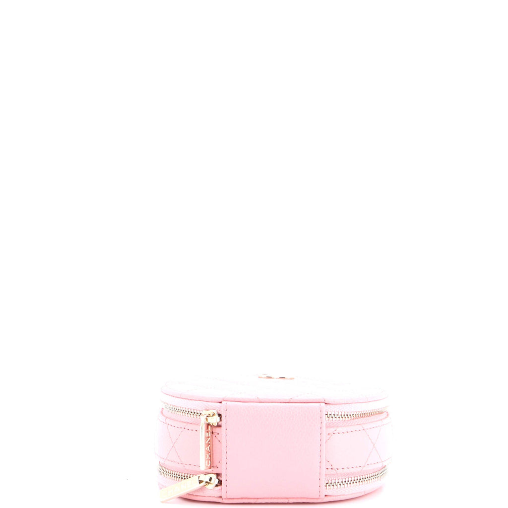 Handle with Care Round Vanity Case with Chain Quilted Caviar Small