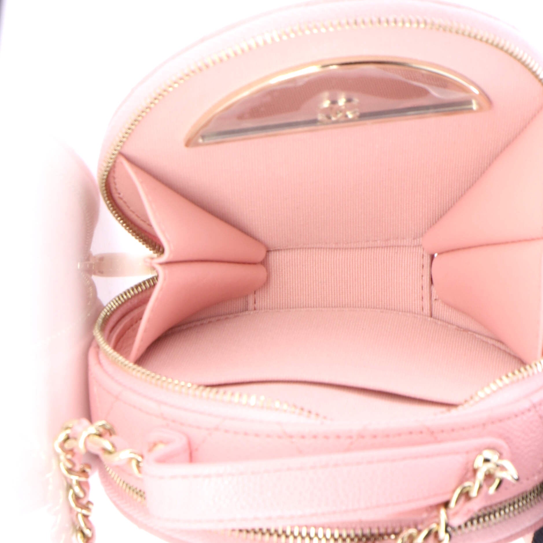Handle with Care Round Vanity Case with Chain Quilted Caviar Small