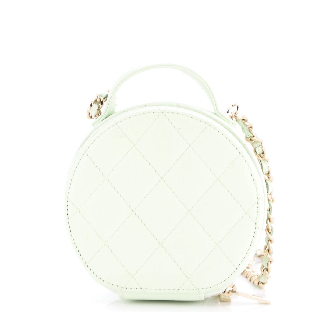 Handle with Care Round Vanity Case with Chain Quilted Caviar Small