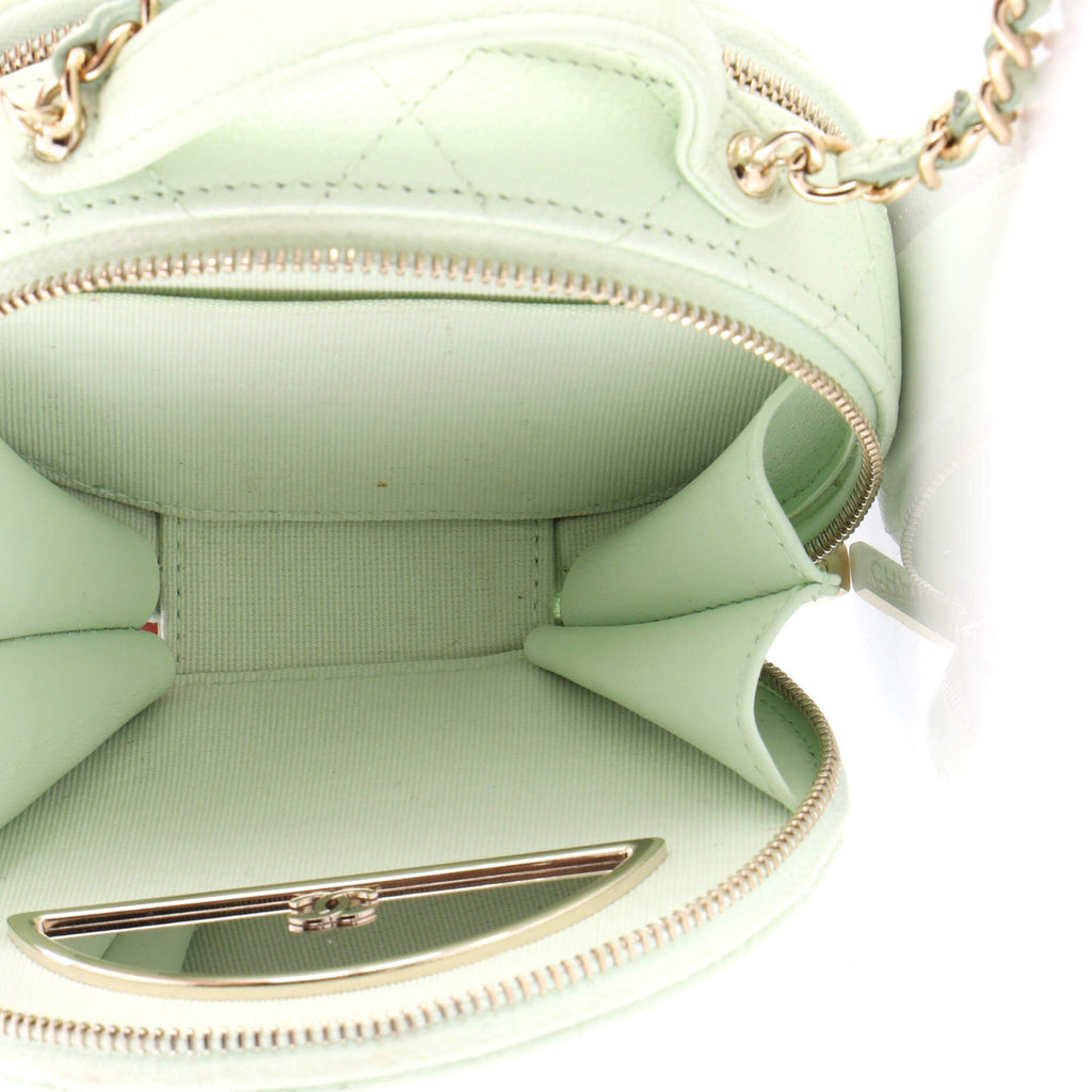 Handle with Care Round Vanity Case with Chain Quilted Caviar Small