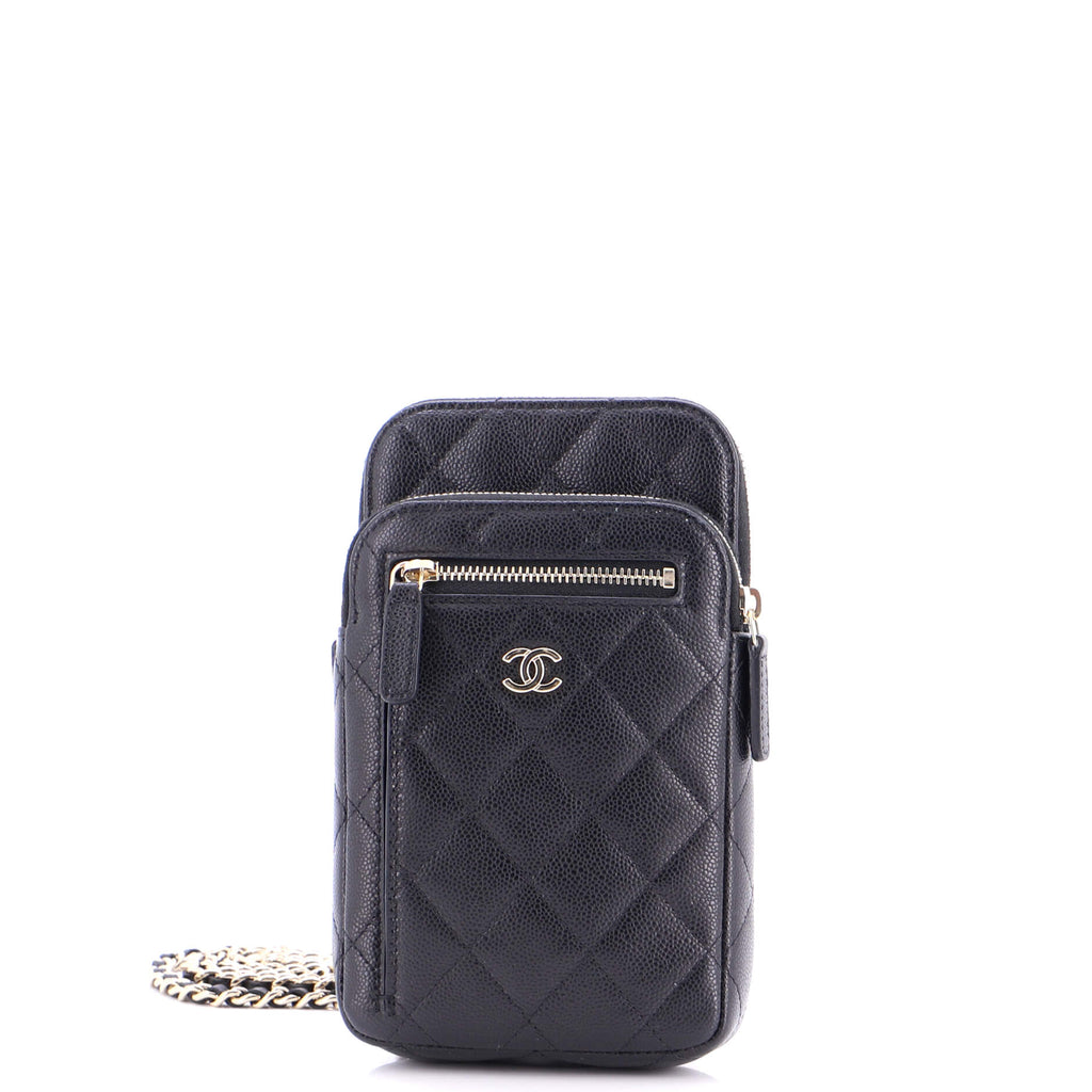 Zip Pocket Vertical Phone Holder with Chain Quilted Caviar