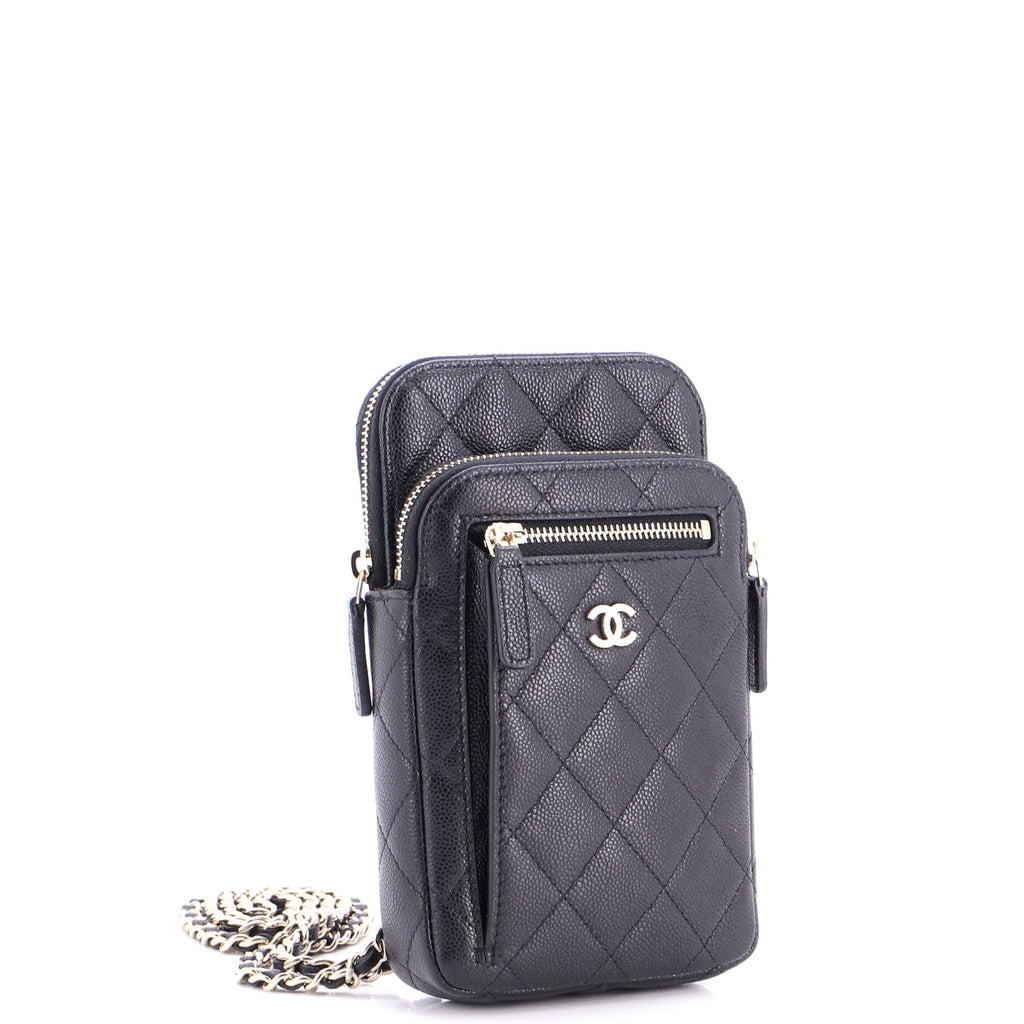 Zip Pocket Vertical Phone Holder with Chain Quilted Caviar