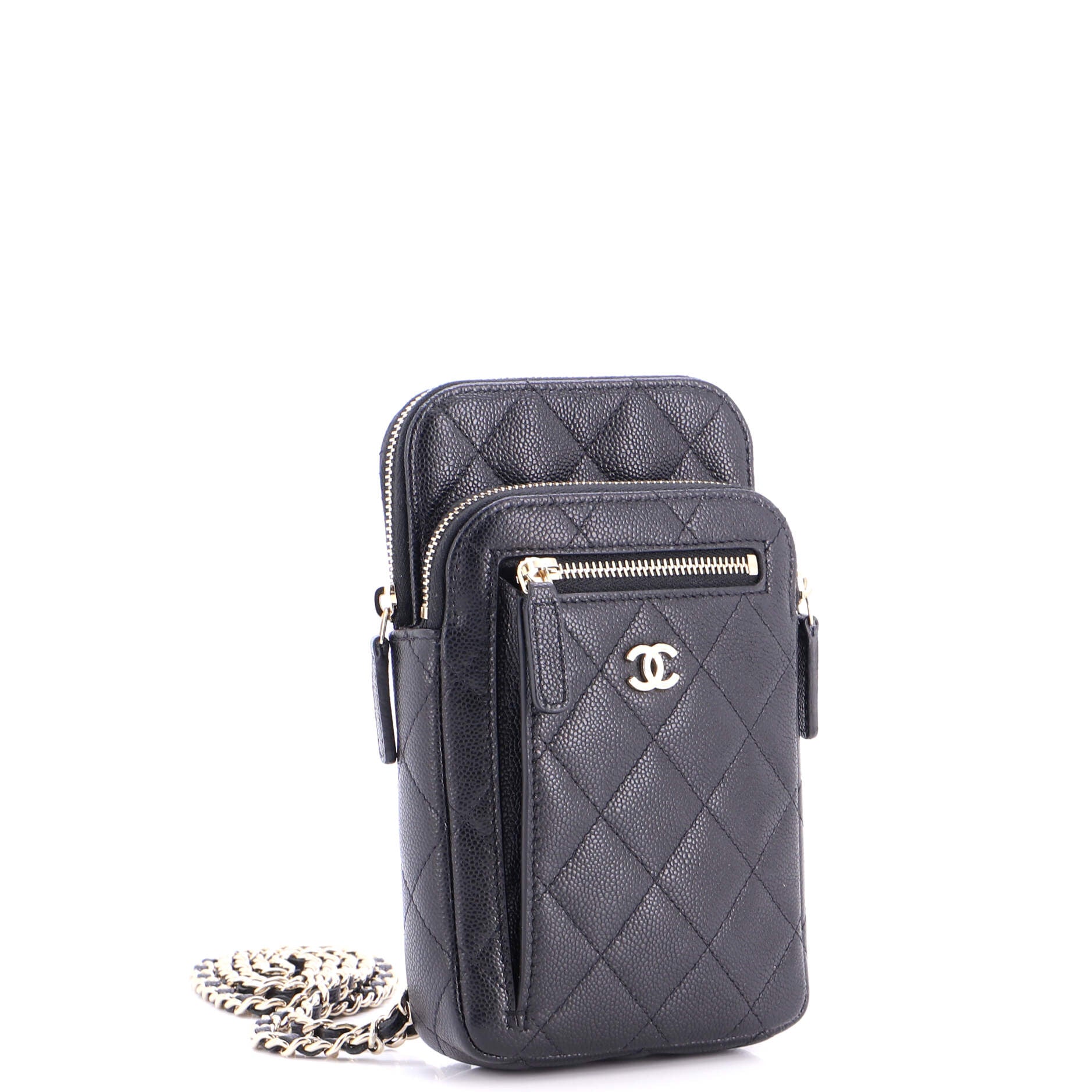 Zip Pocket Vertical Phone Holder with Chain Quilted Caviar