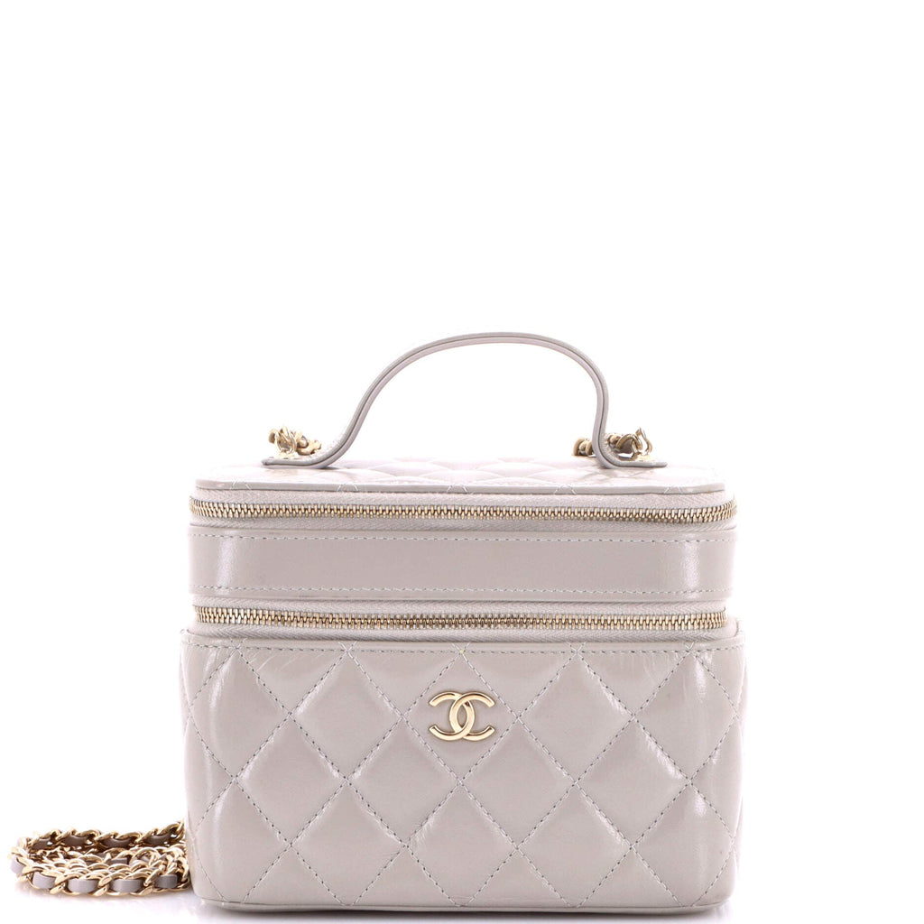 Double Decker Vanity Case with Chain Quilted Shiny Lambskin Small