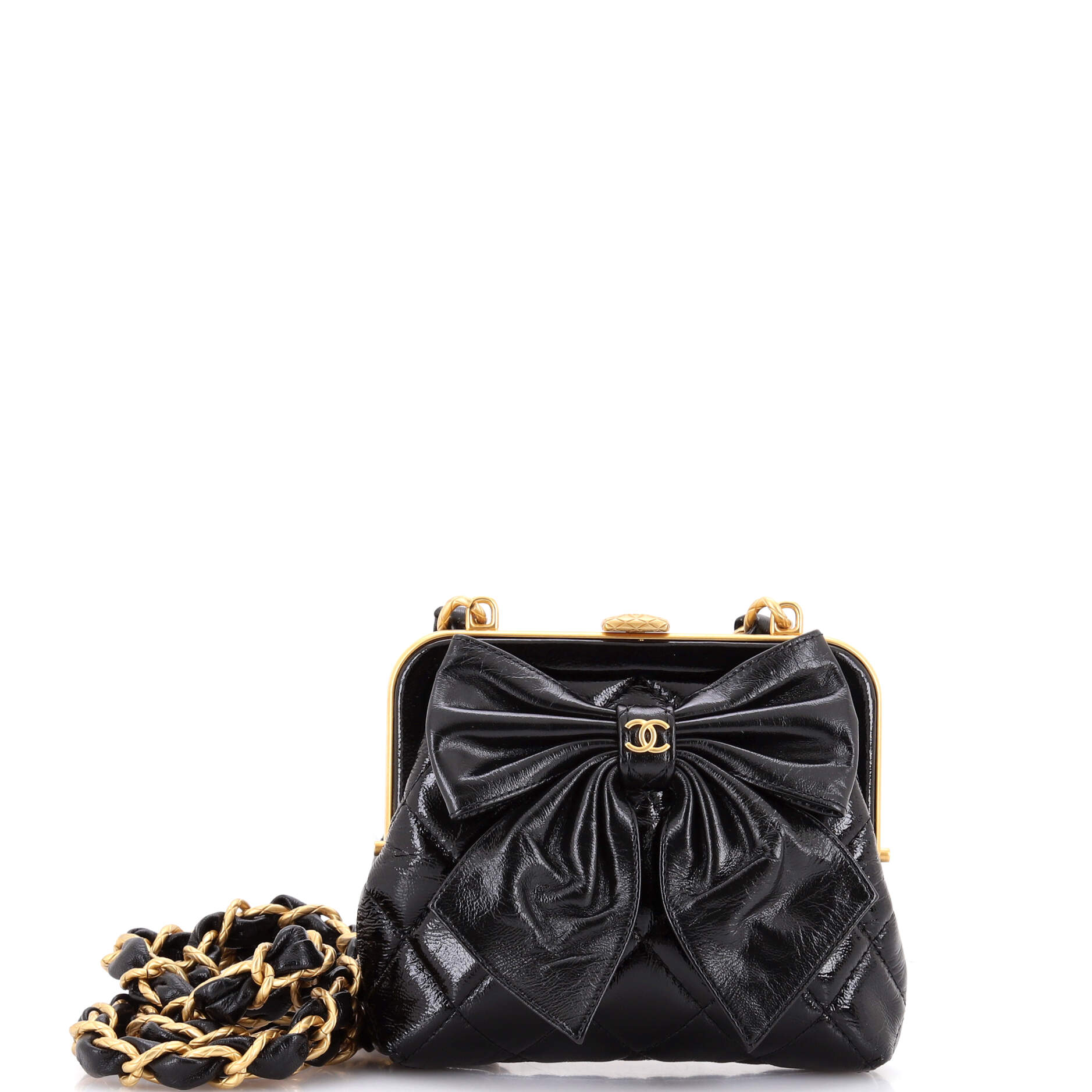 Bow Frame Clutch With Chain Quilted Patent with Lambskin Mini
