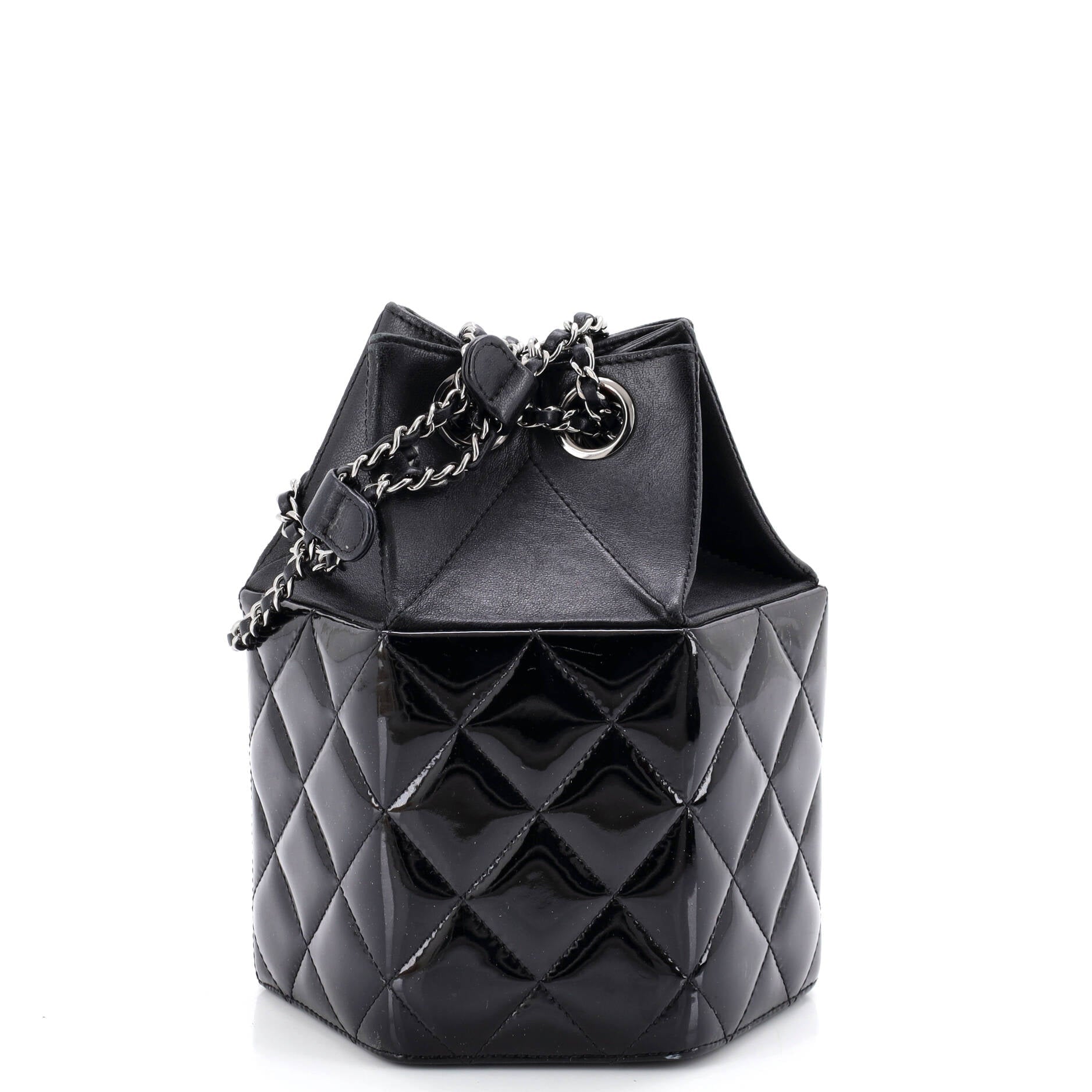 Hexagon CC Drawstring Bucket Bag Quilted Patent and Lambskin Mini