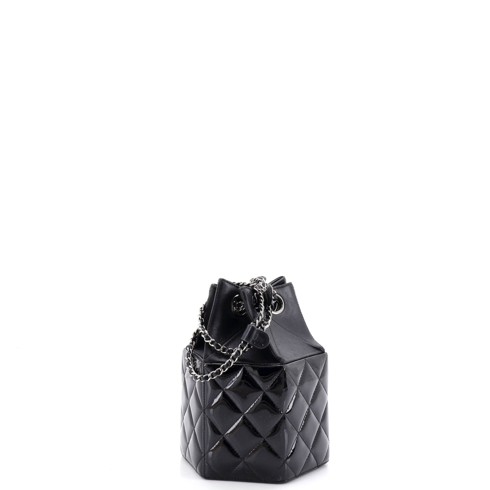Hexagon CC Drawstring Bucket Bag Quilted Patent and Lambskin Mini