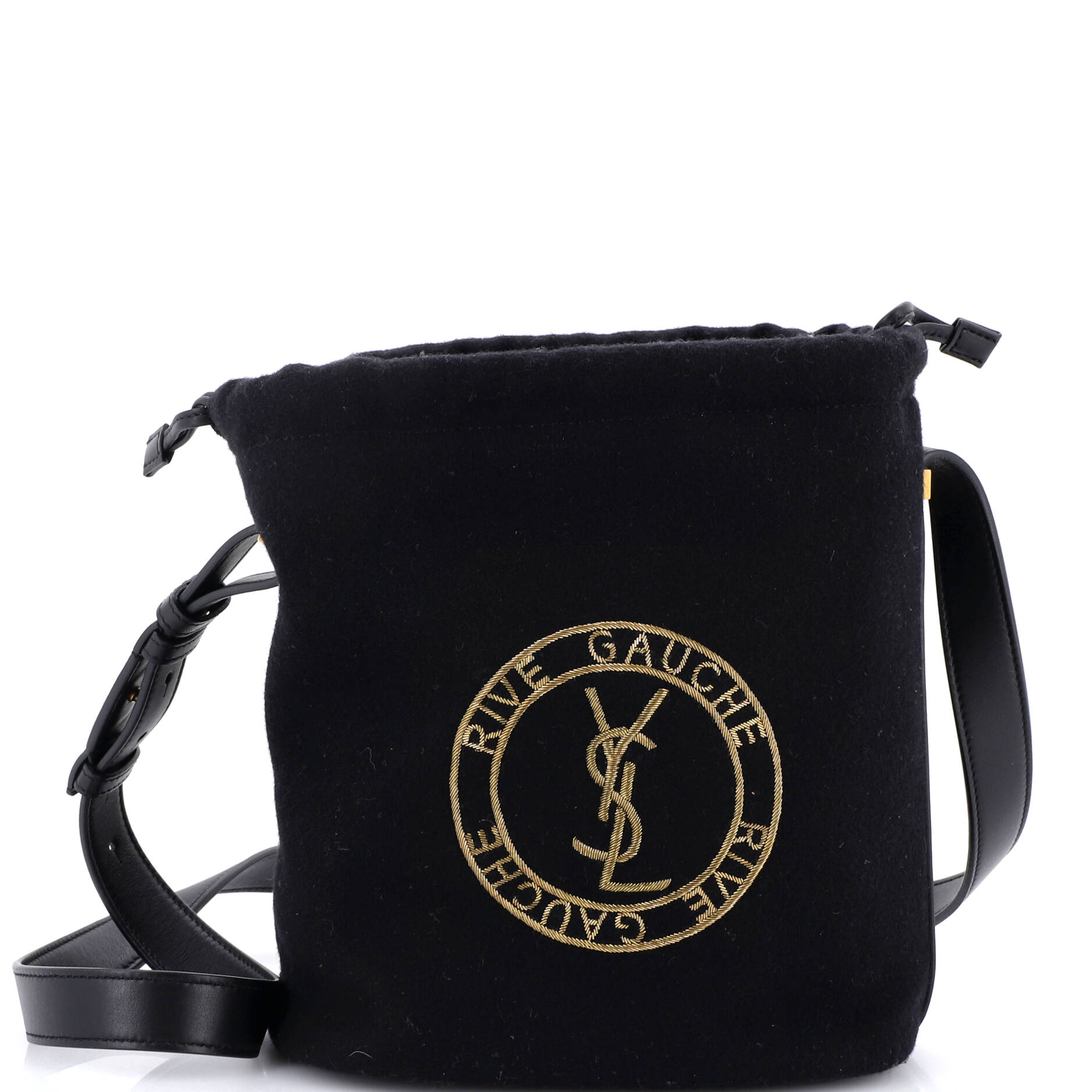 Rive Gauche Drawstring Bucket Bag Embroidered Wool