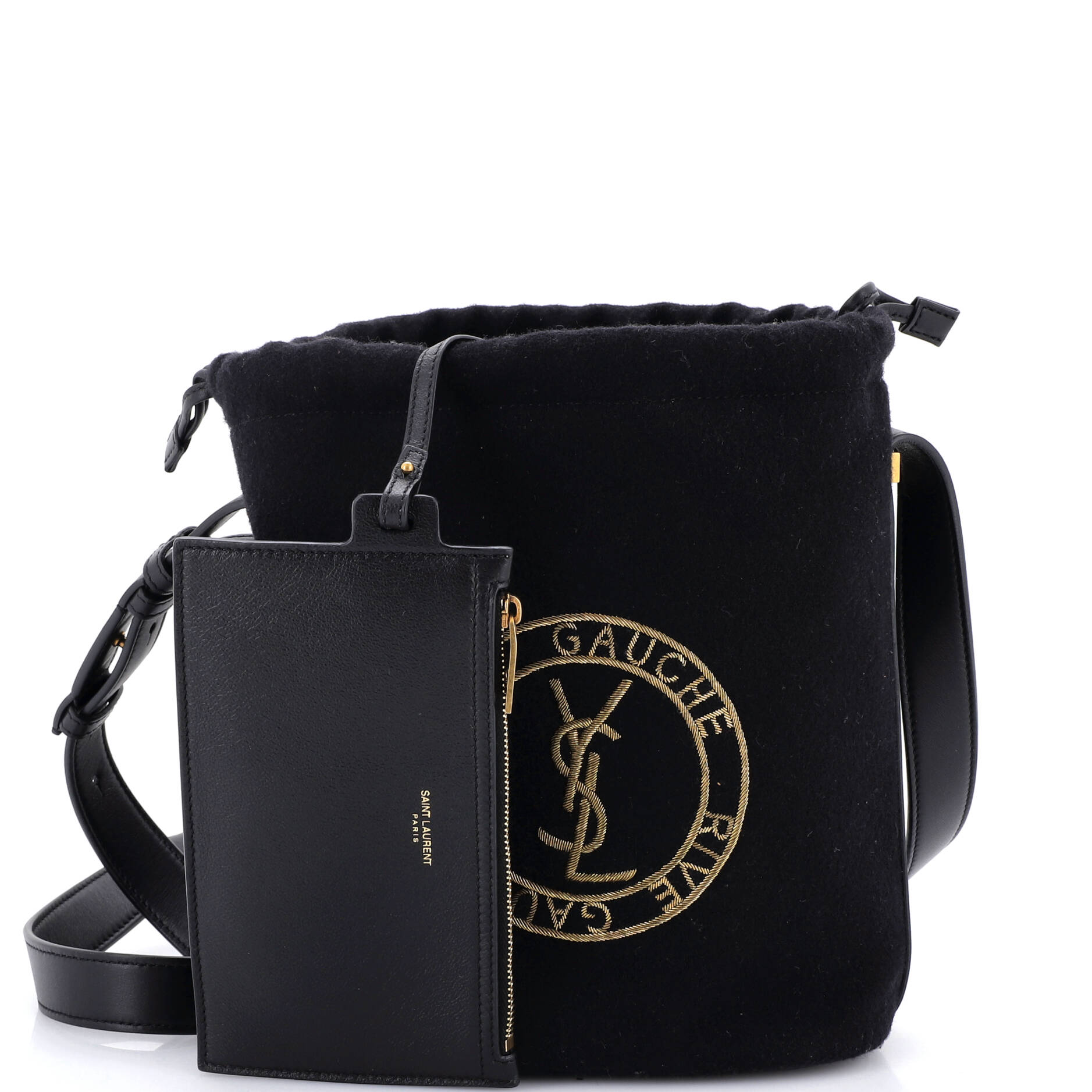 Rive Gauche Drawstring Bucket Bag Embroidered Wool