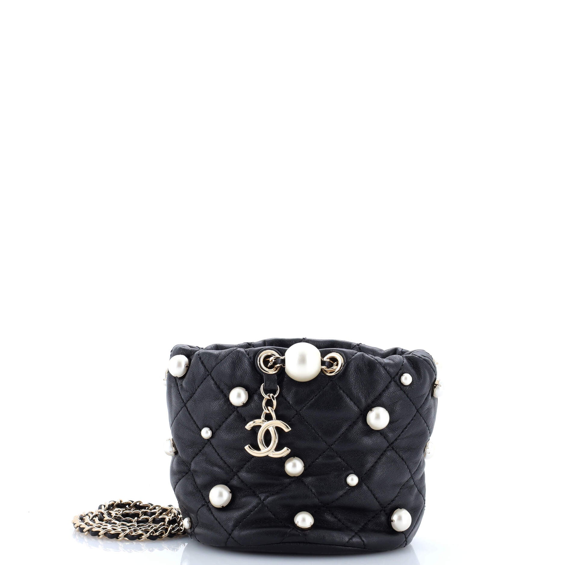Drawstring Round Bucket Bag Pearl Embellished Quilted Lambskin Mini