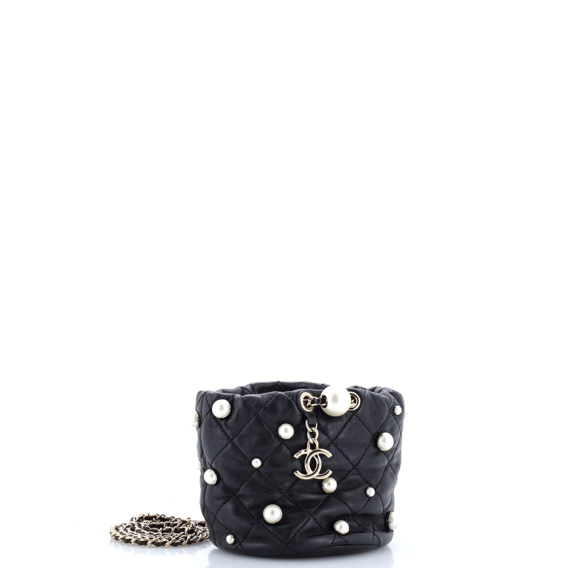 Drawstring Round Bucket Bag Pearl Embellished Quilted Lambskin Mini