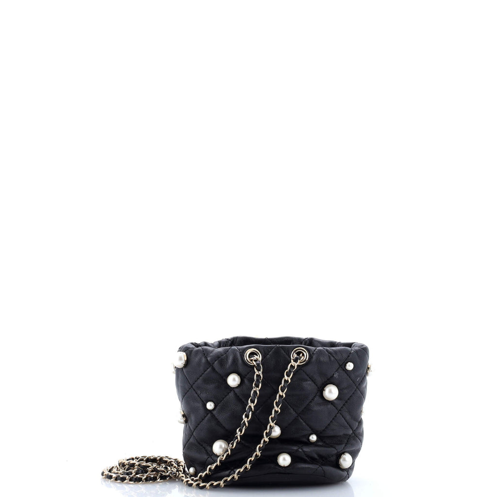Drawstring Round Bucket Bag Pearl Embellished Quilted Lambskin Mini