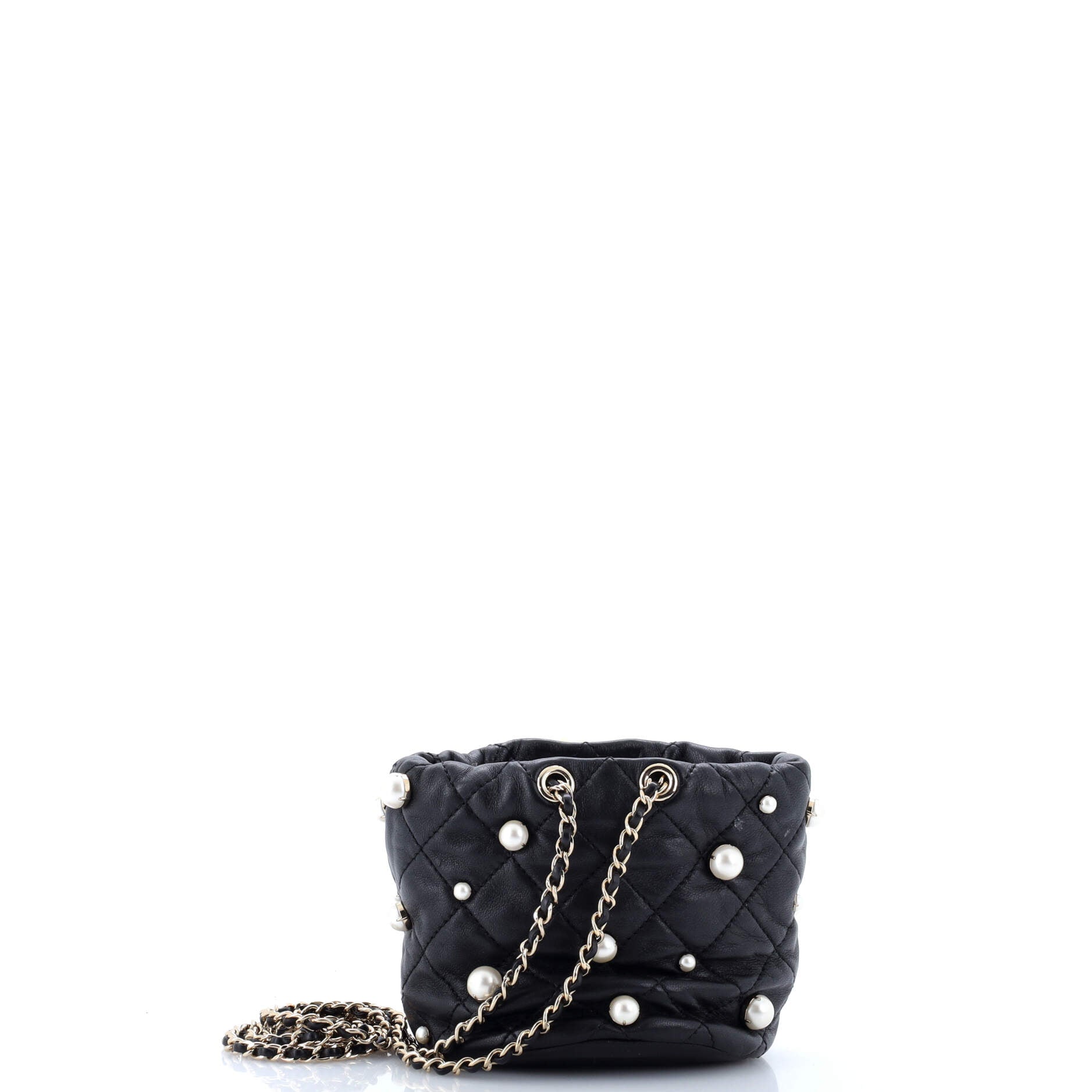 Drawstring Round Bucket Bag Pearl Embellished Quilted Lambskin Mini