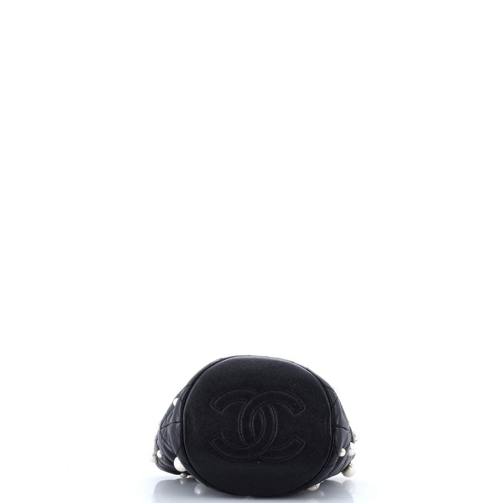 Drawstring Round Bucket Bag Pearl Embellished Quilted Lambskin Mini