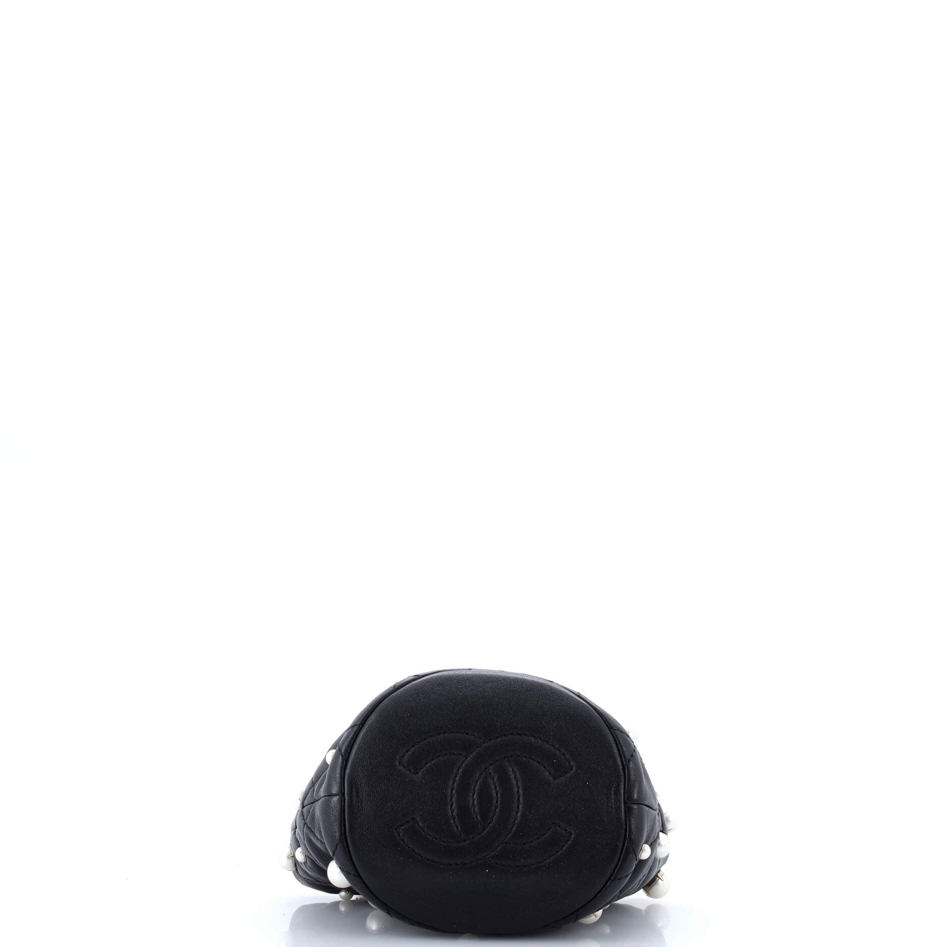 Drawstring Round Bucket Bag Pearl Embellished Quilted Lambskin Mini