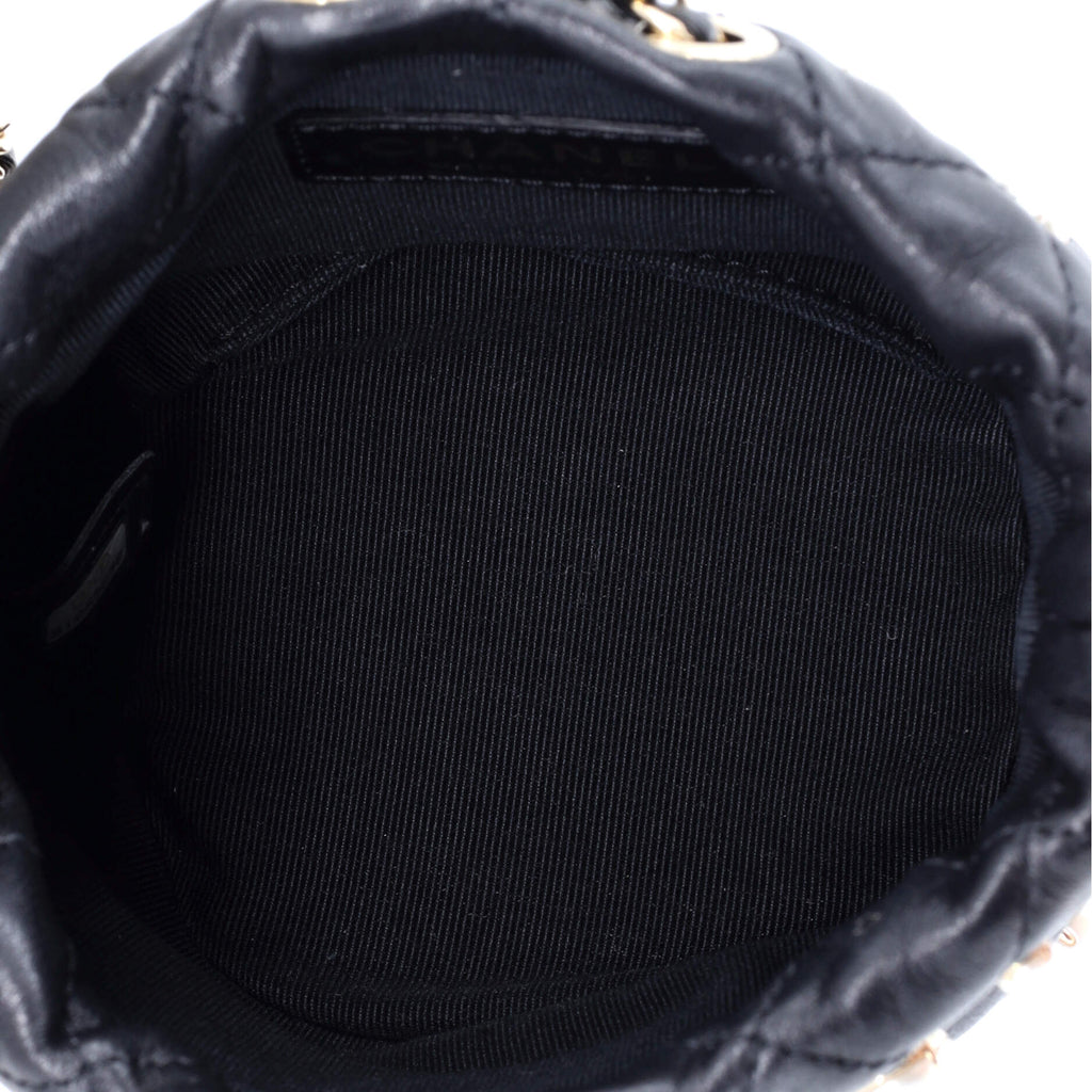 Drawstring Round Bucket Bag Pearl Embellished Quilted Lambskin Mini