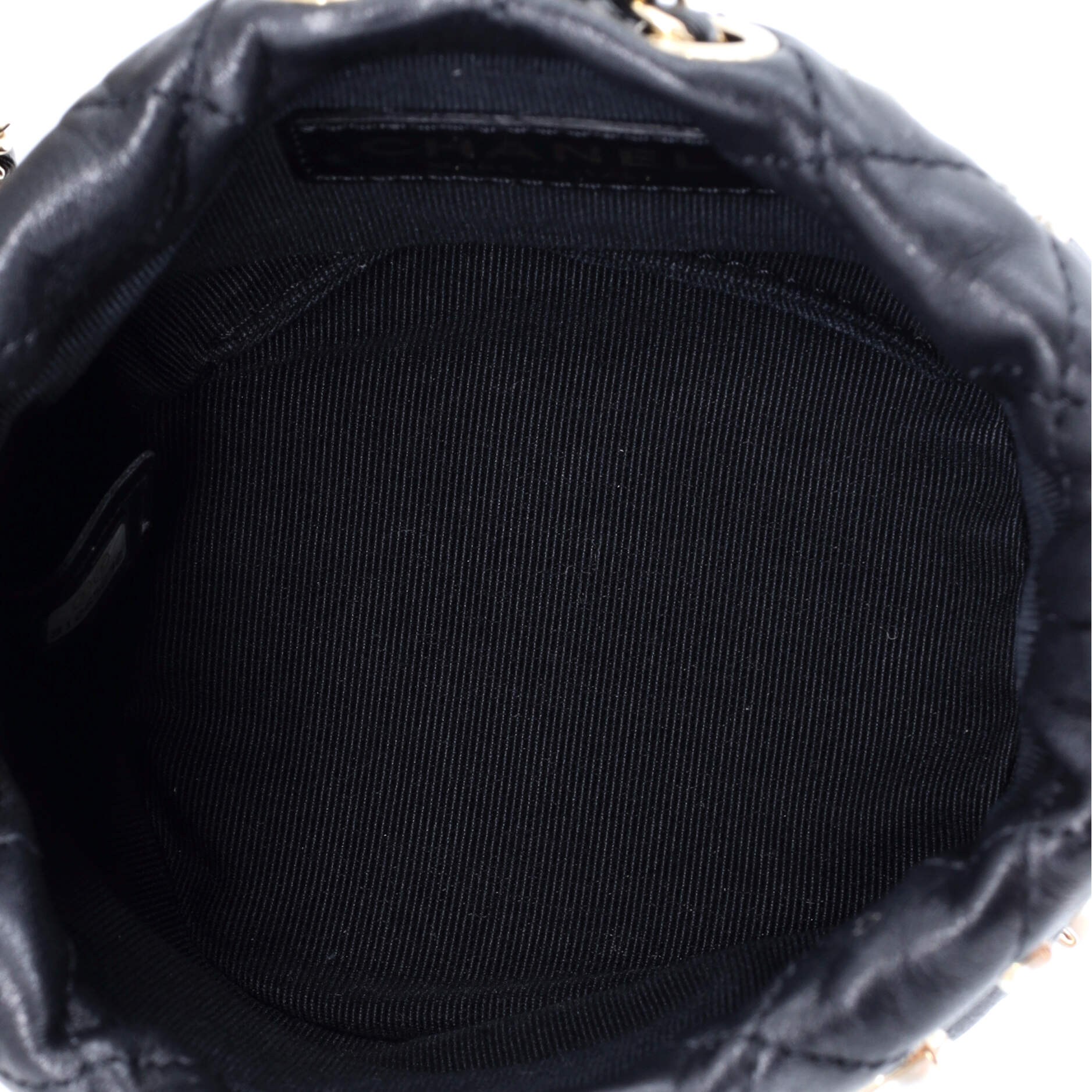 Drawstring Round Bucket Bag Pearl Embellished Quilted Lambskin Mini