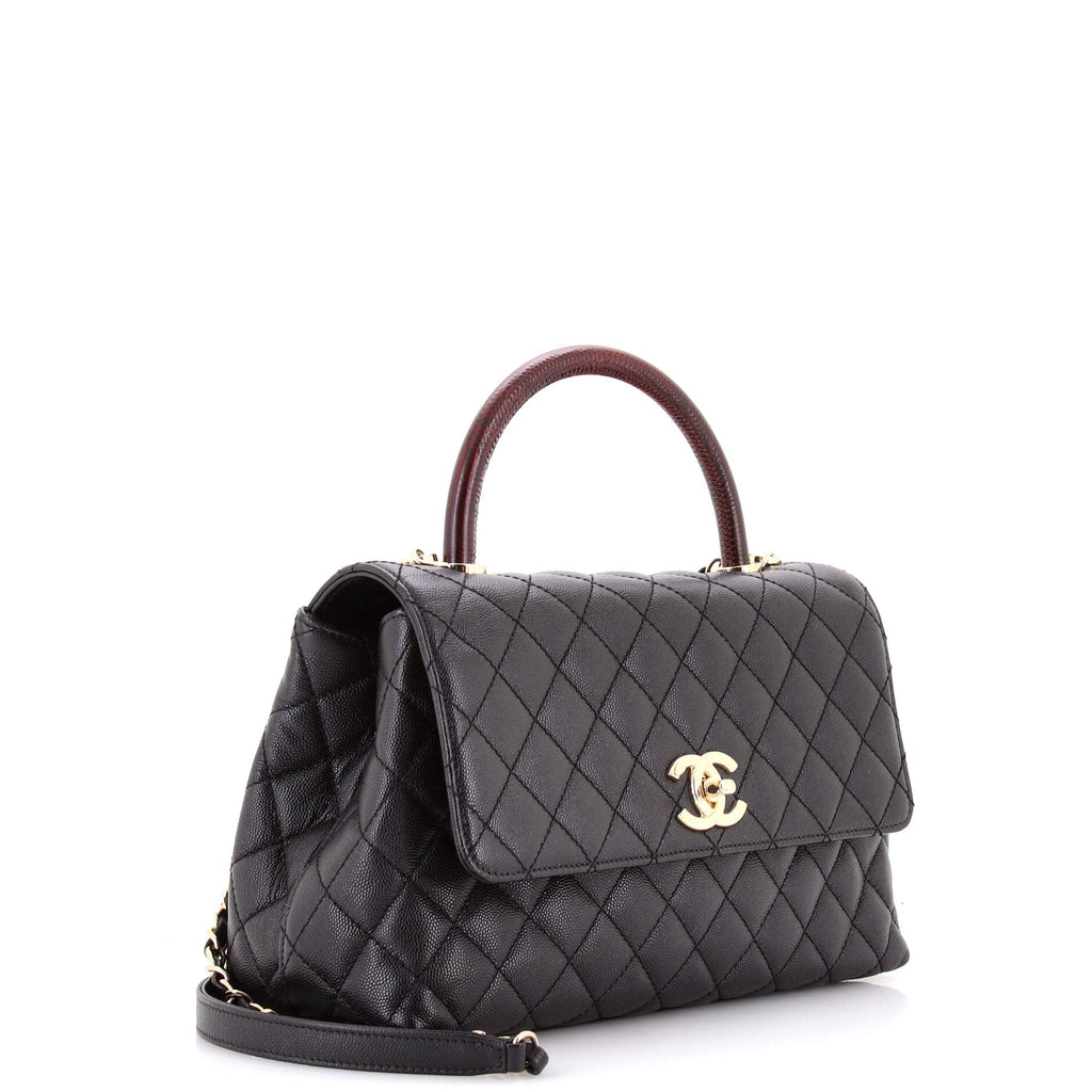 Coco Top Handle Bag Quilted Caviar with Lizard Embossed Handle Small
