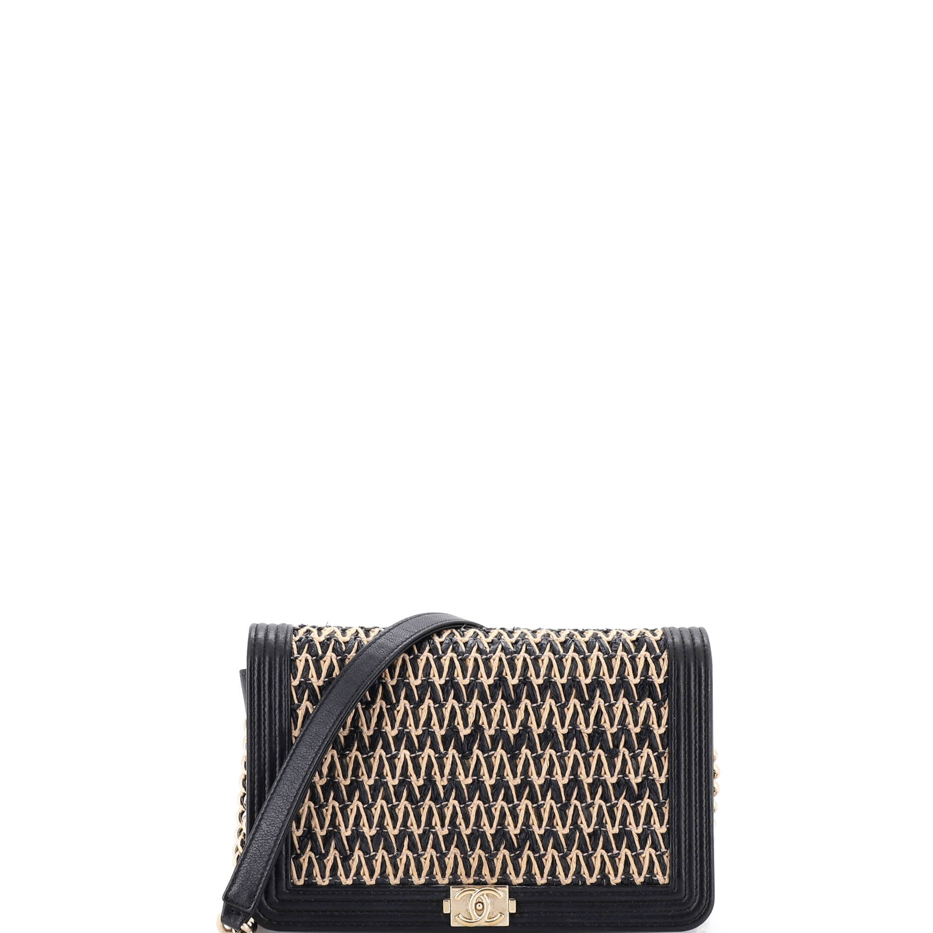 Boy Wallet on Chain Chevron Woven Raffia and Leather