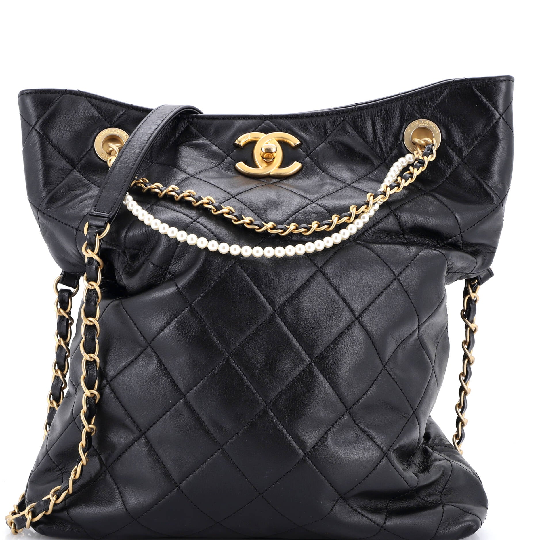 Pearl Strap Fold Over Shopping Tote Quilted Calfskin Medium