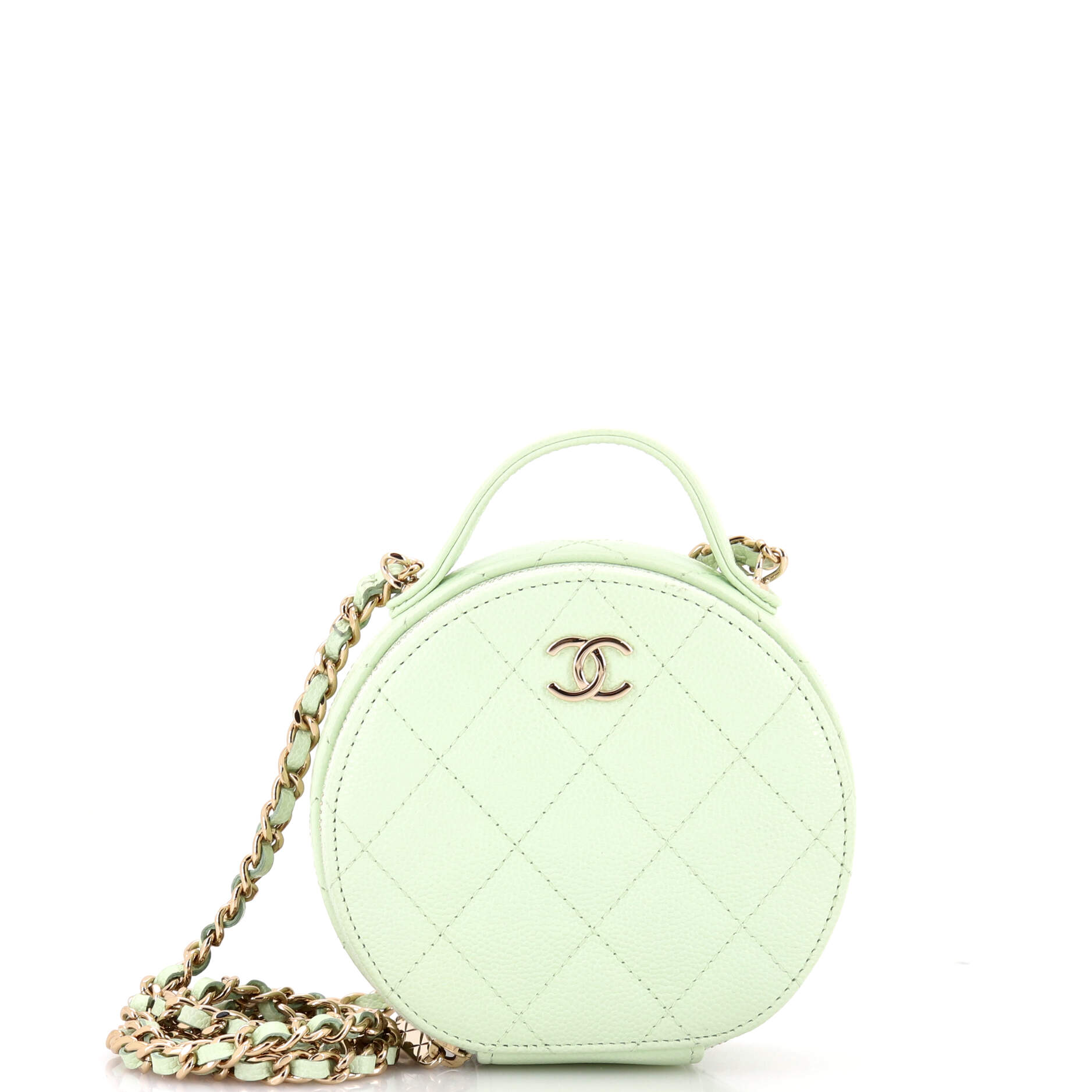 Handle with Care Round Vanity Case with Chain Quilted Caviar Small