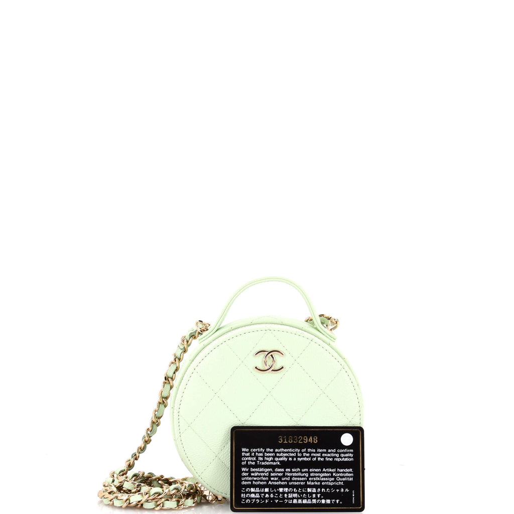 Handle with Care Round Vanity Case with Chain Quilted Caviar Small