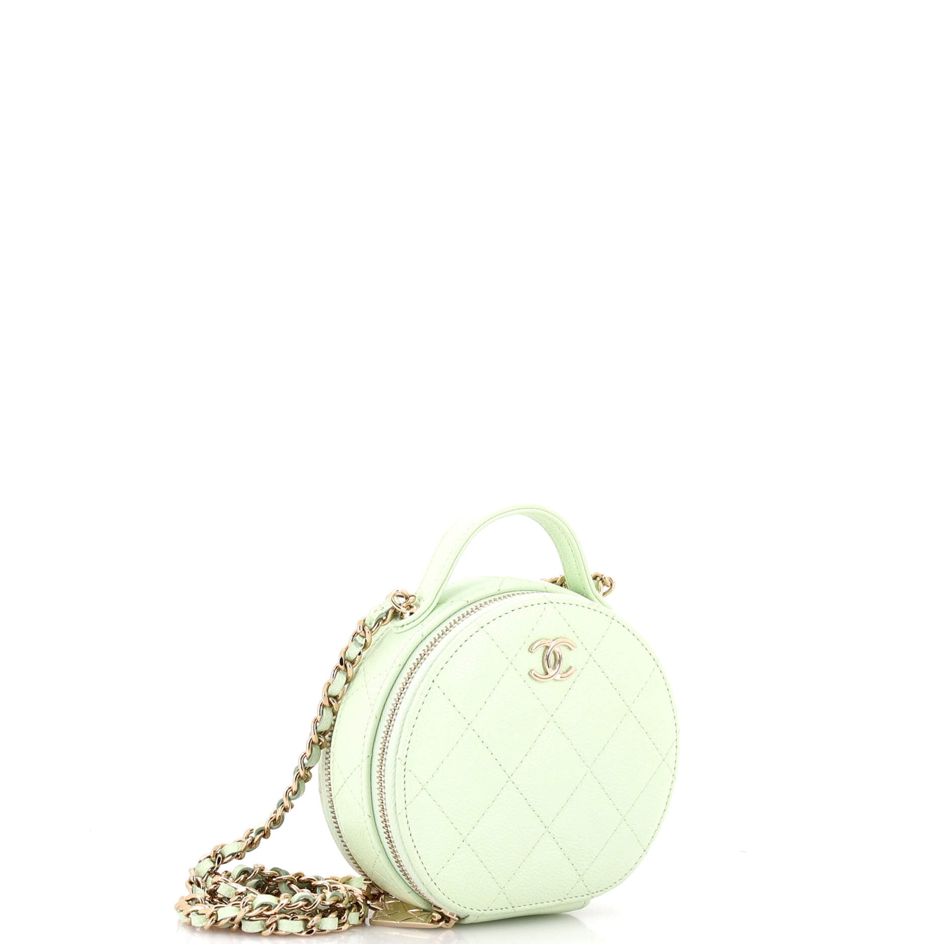 Handle with Care Round Vanity Case with Chain Quilted Caviar Small