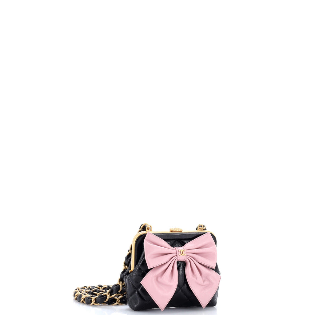 Bow Frame Clutch With Chain Quilted Patent with Lambskin Mini