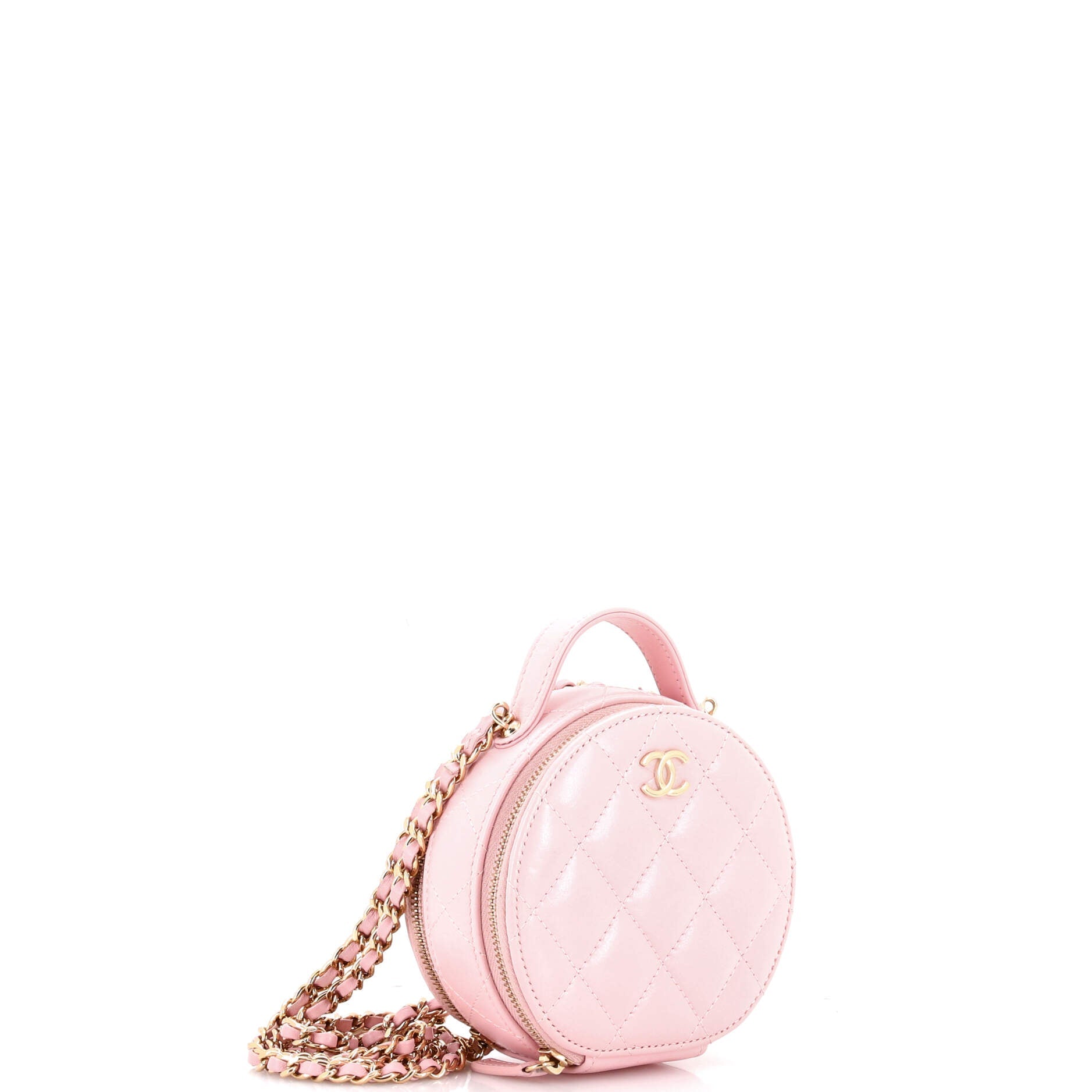 Handle with Care Round Vanity Case with Chain Quilted Lambskin Small