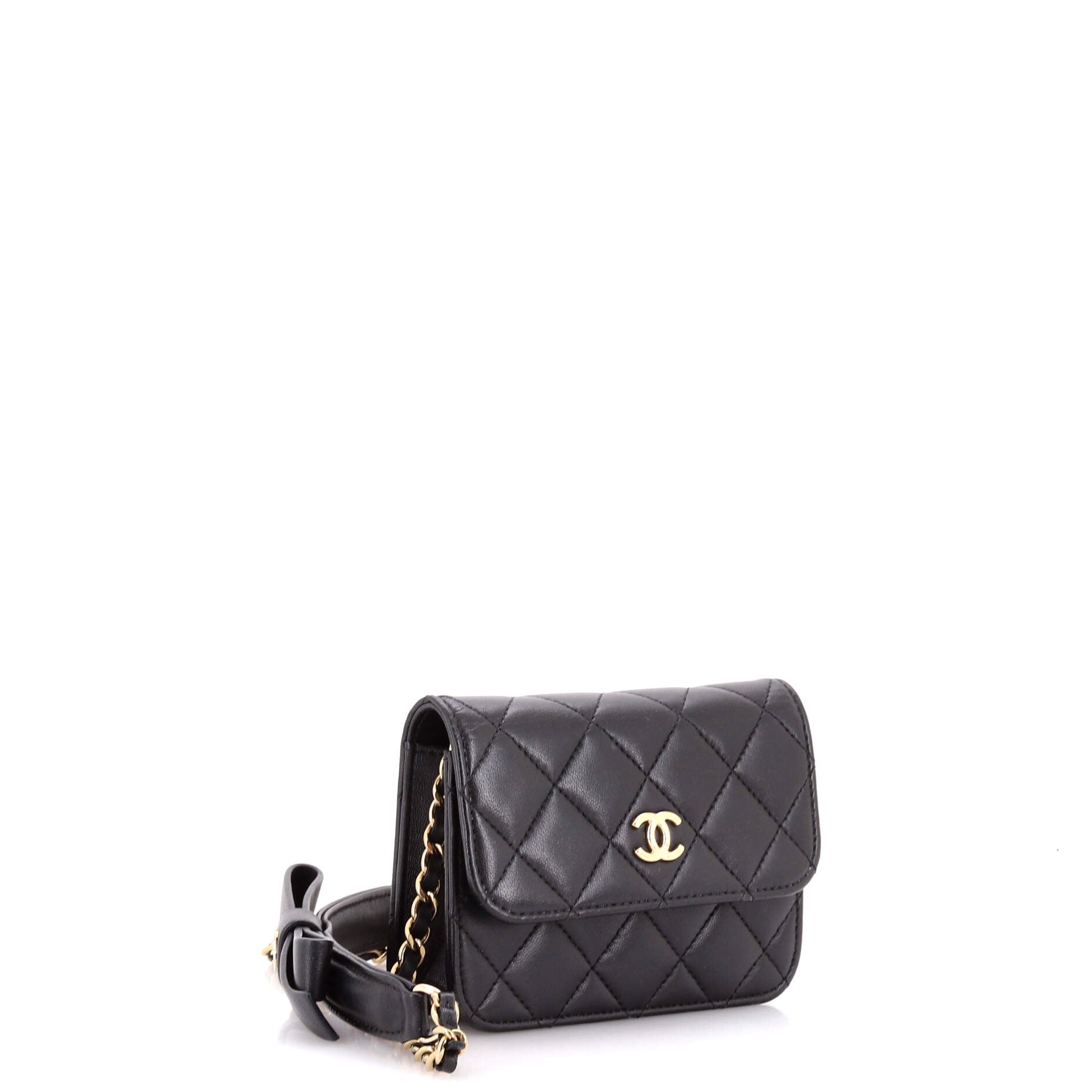 Bow Strap Card Holder on Chain Quilted Lambskin