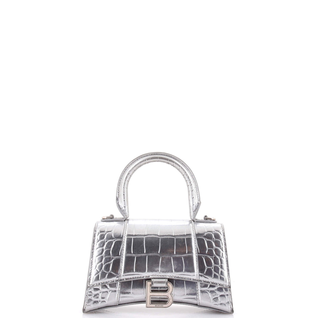 Hourglass Top Handle Bag Crocodile Embossed Leather XS