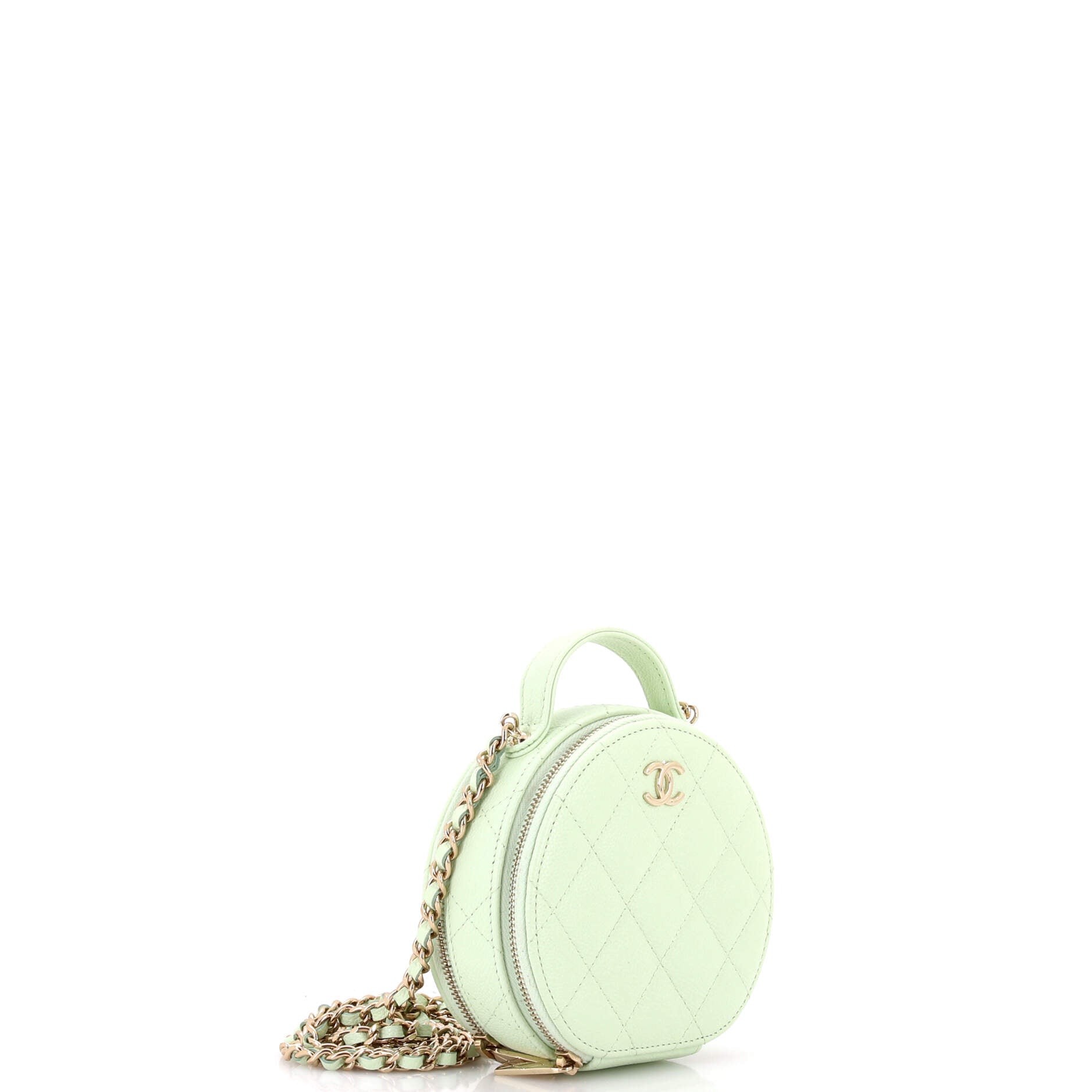 Handle with Care Round Vanity Case with Chain Quilted Caviar Small