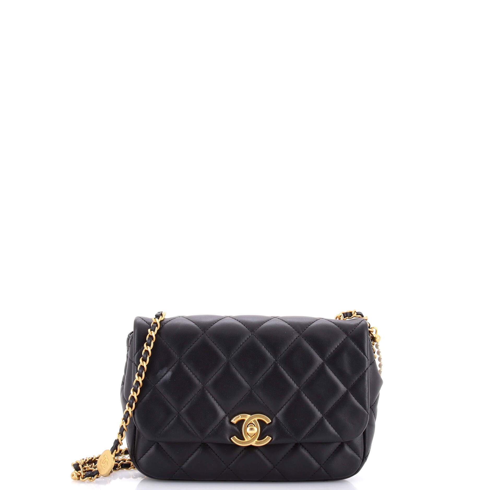 Medallion Pearl Chain Flap Bag Quilted Lambskin Mini