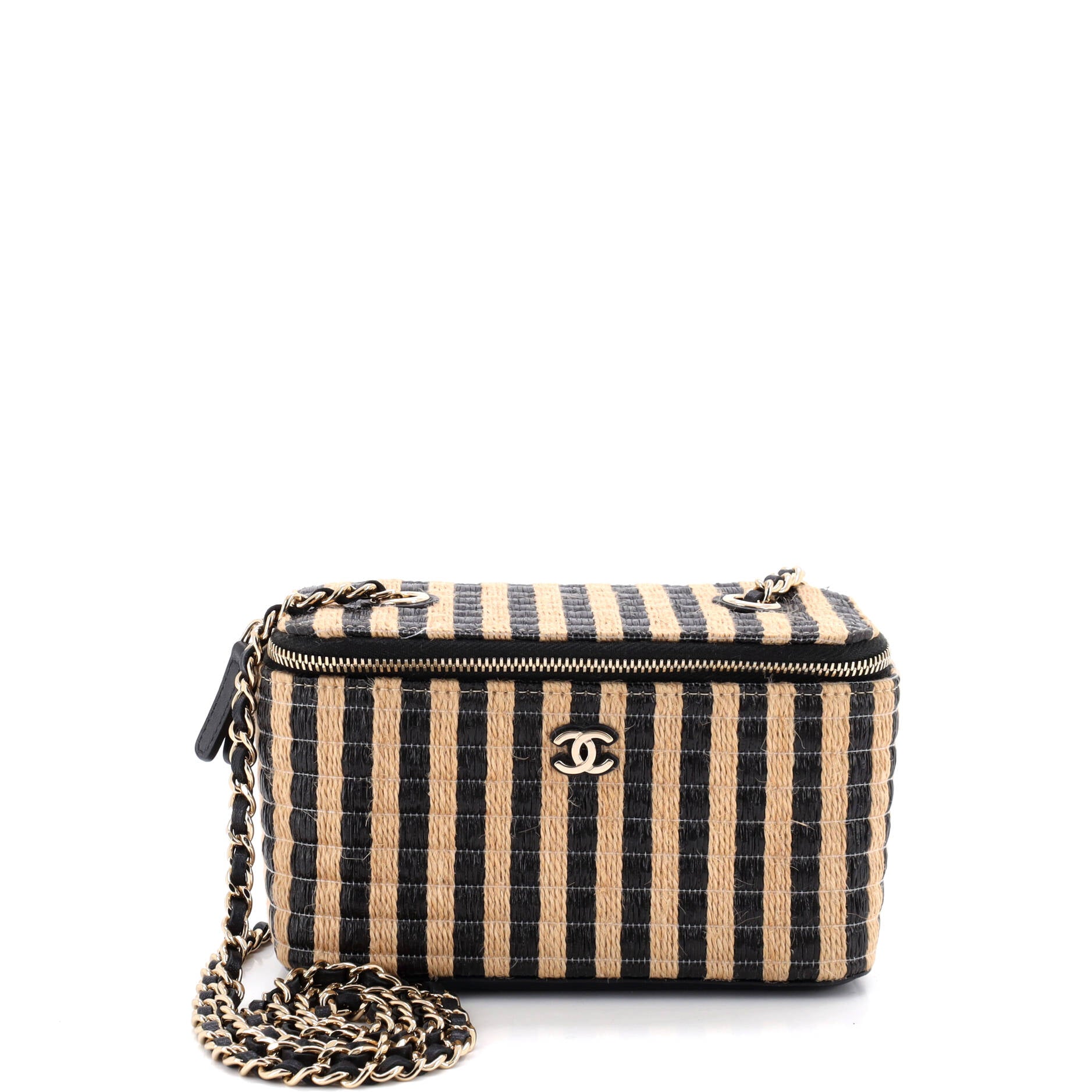 Classic Vanity Case with Chain Striped Raffia and Jute Small