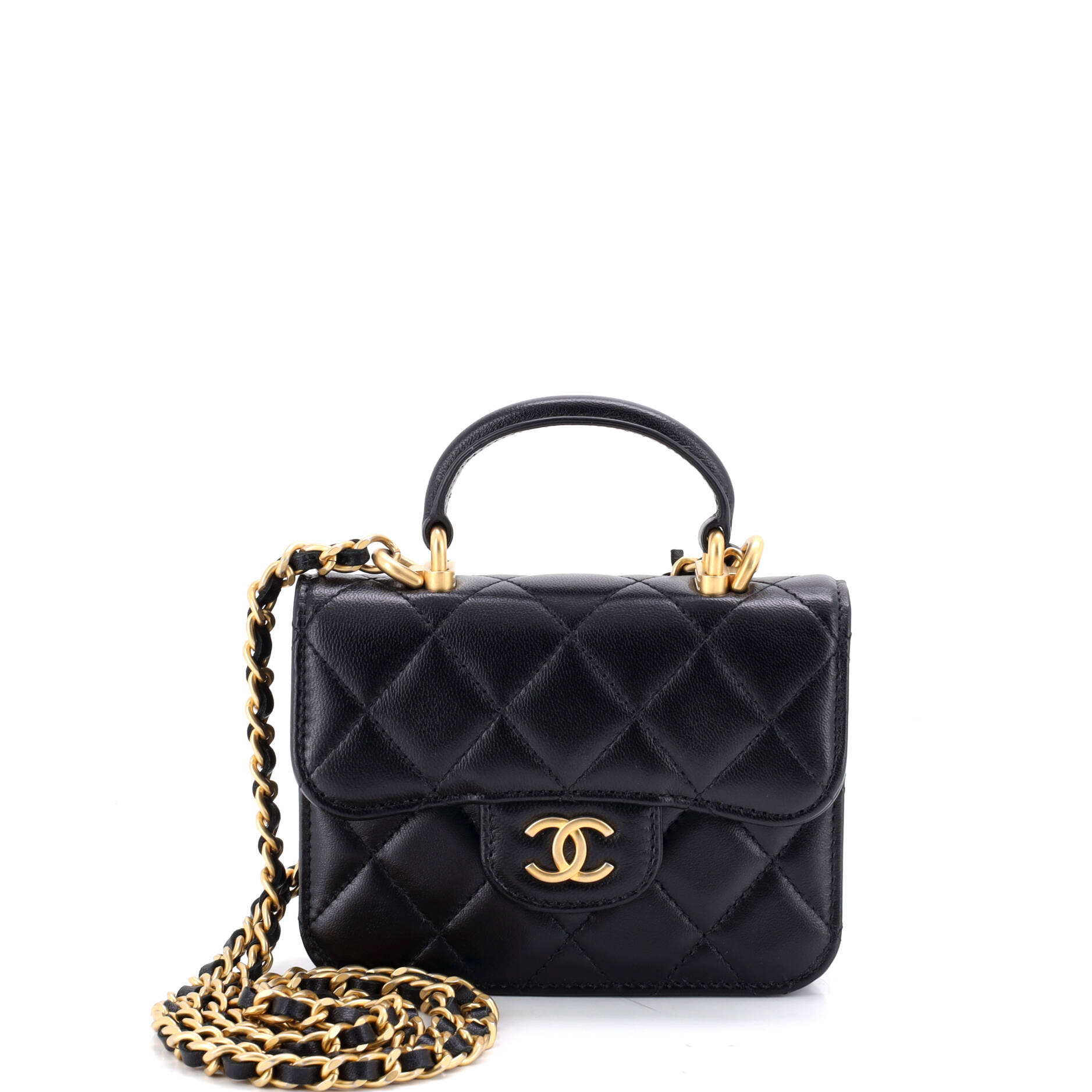 Top Handle Flap Coin Purse with Chain Quilted Lambskin
