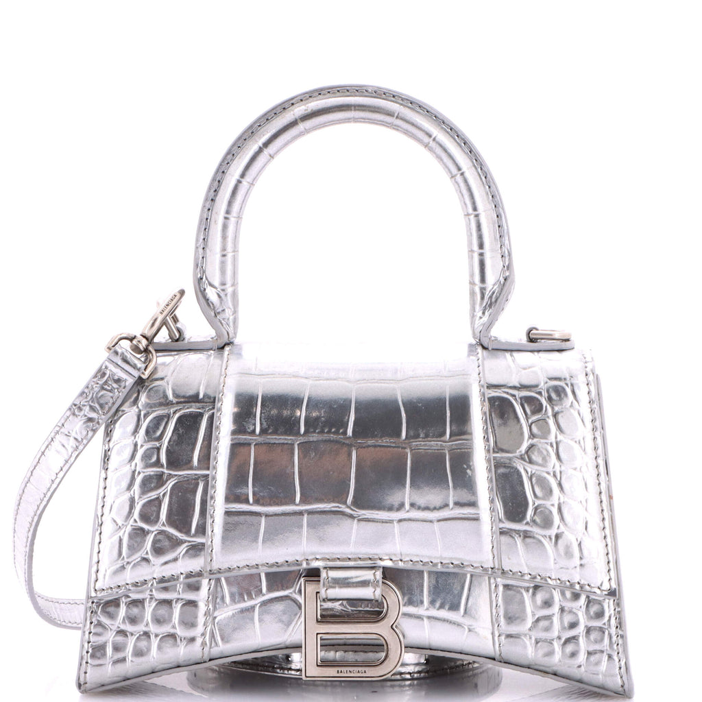 Hourglass Top Handle Bag Crocodile Embossed Leather XS