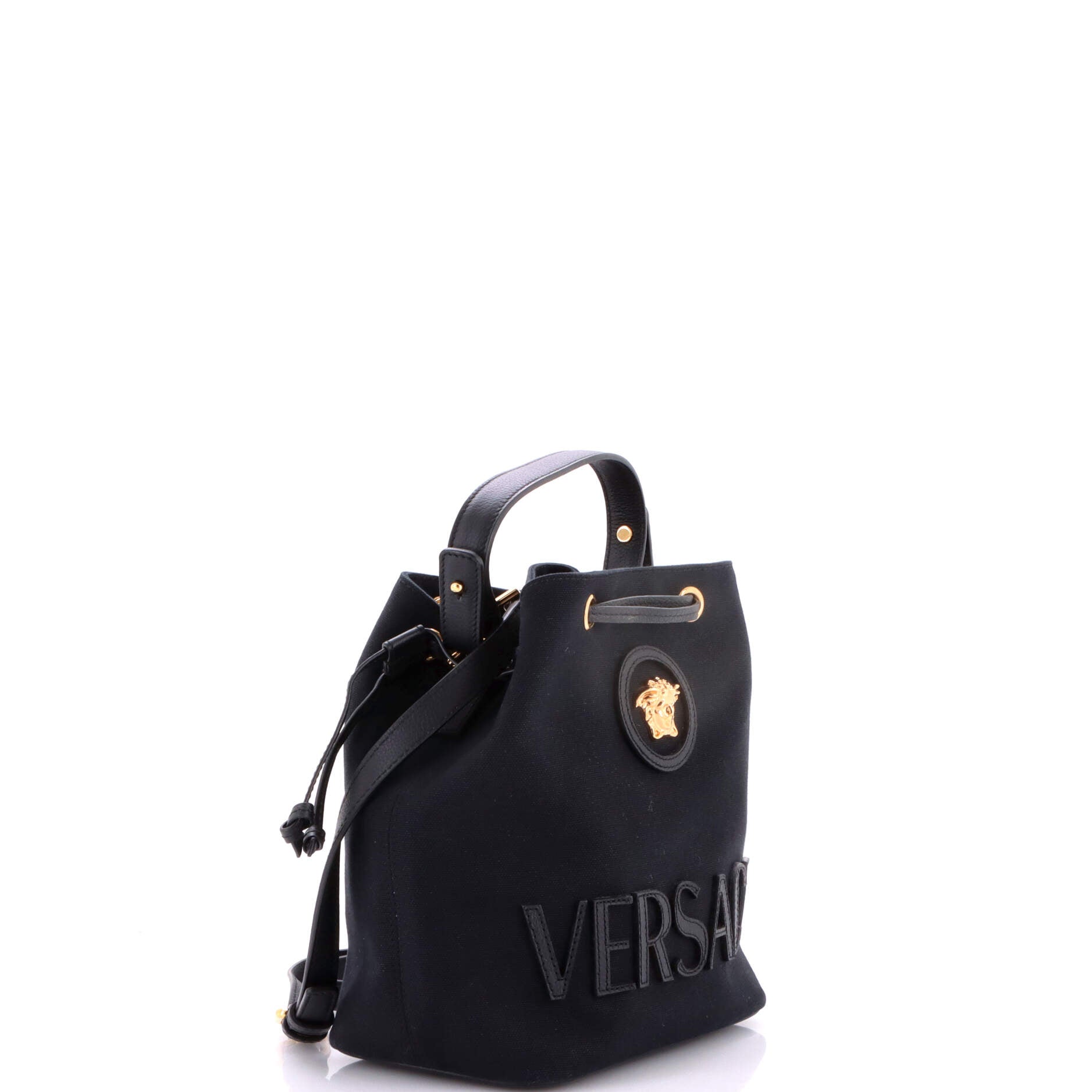 La Medusa Drawstring Bucket Bag Canvas with Leather Small