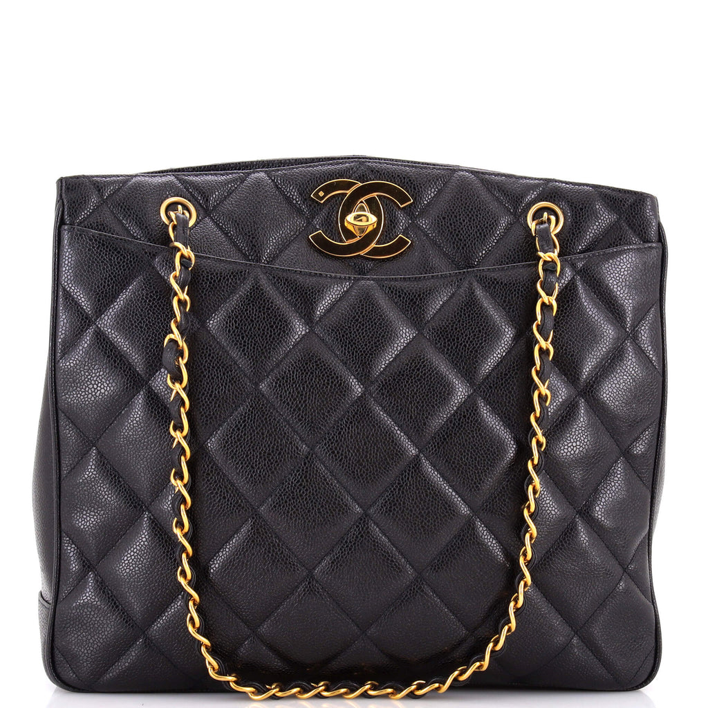 Vintage CC Lock Pocket Chain Tote Quilted Caviar Large