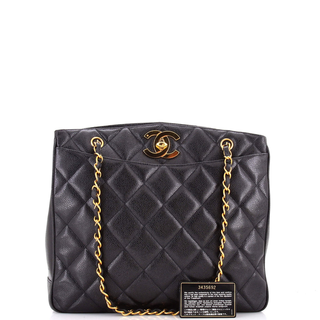 Vintage CC Lock Pocket Chain Tote Quilted Caviar Large