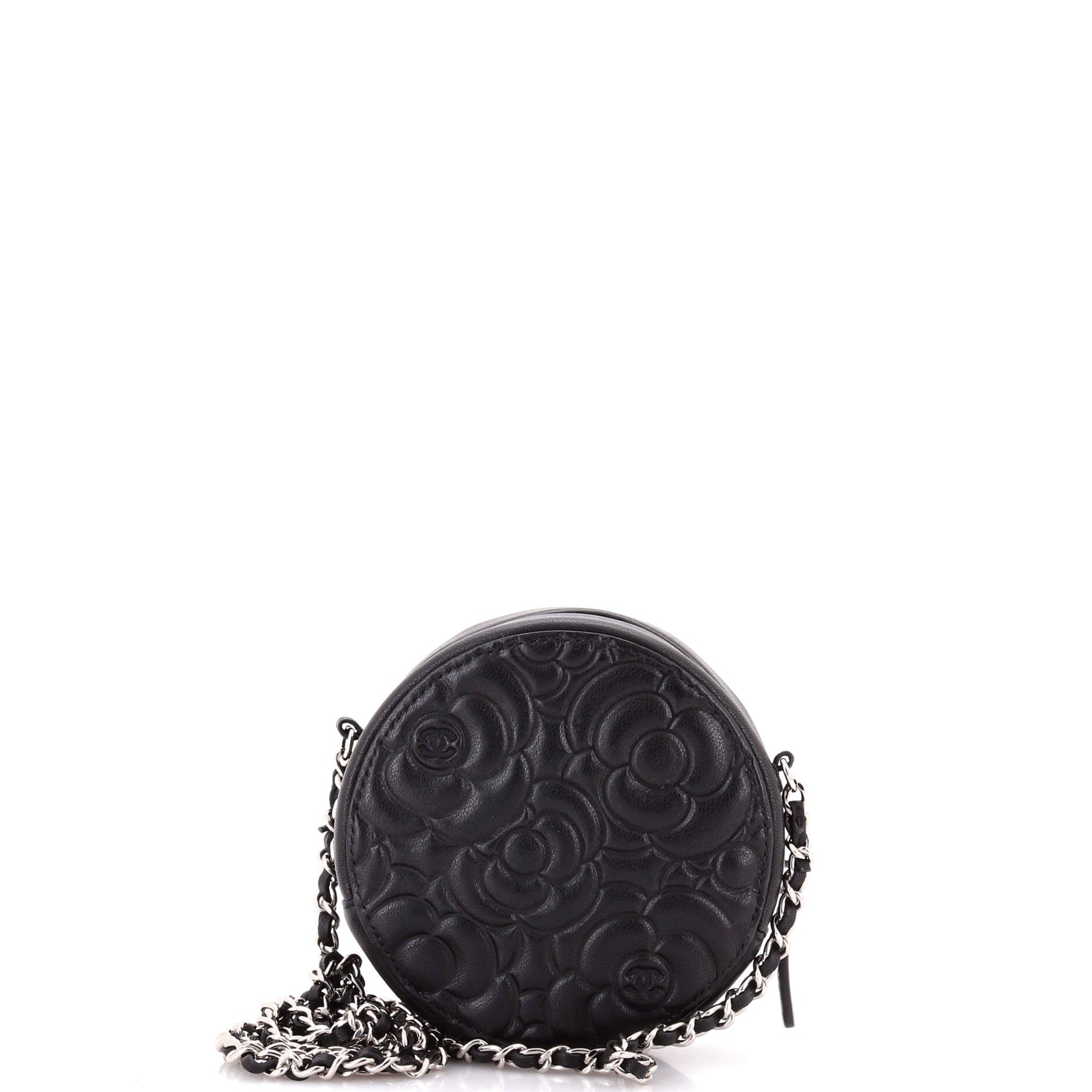 Round Clutch with Chain Camellia Goatskin Mini