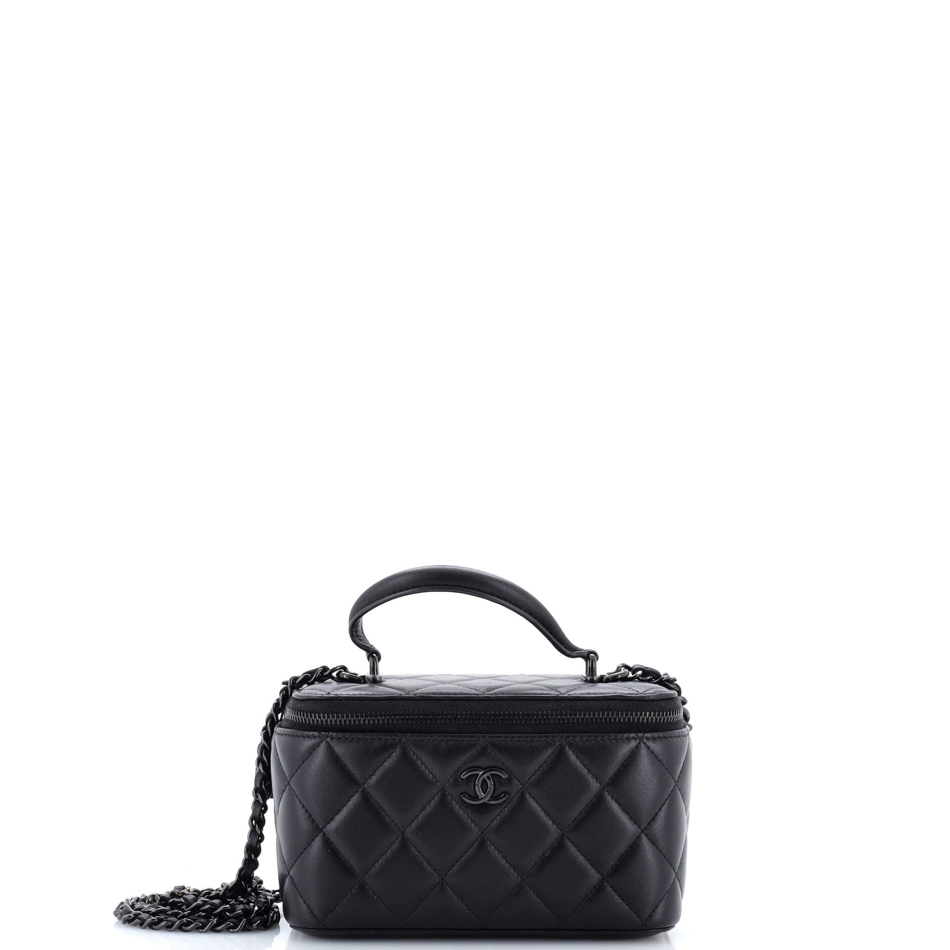 So Black Top Handle Vanity Case with Chain Quilted Lambskin Small