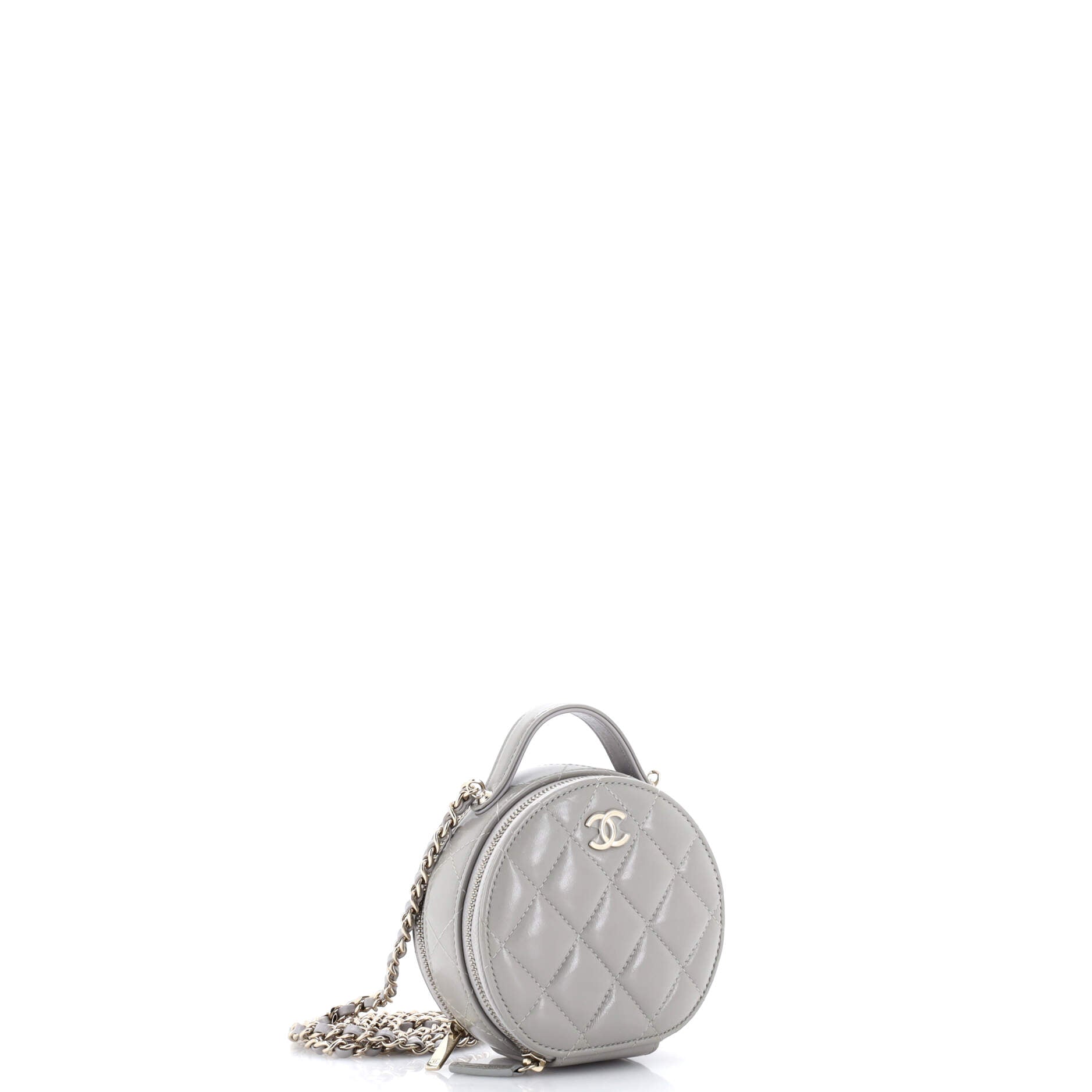 Handle with Care Round Vanity Case with Chain Quilted Lambskin Small