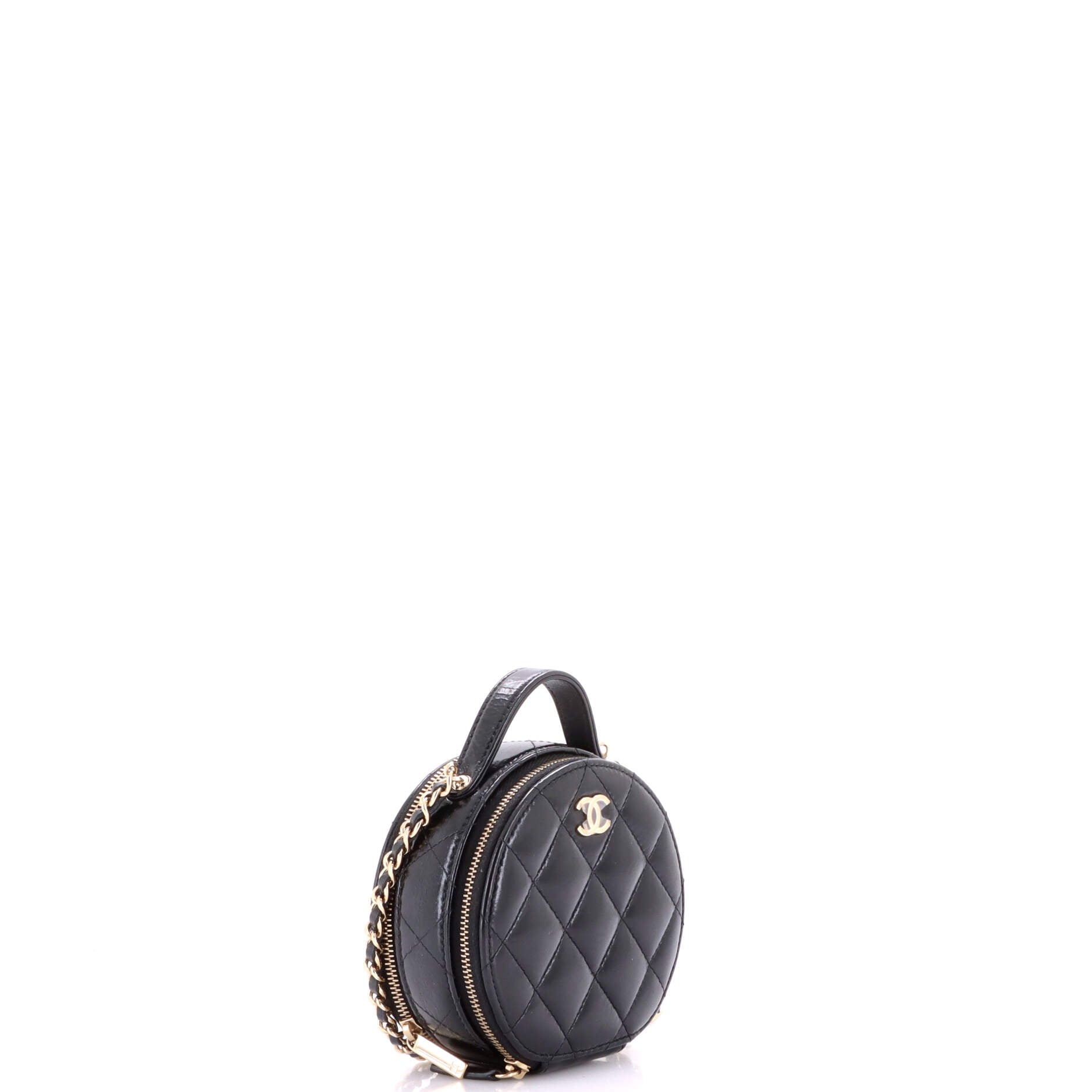 Handle with Care Round Vanity Case with Chain Quilted Lambskin Small