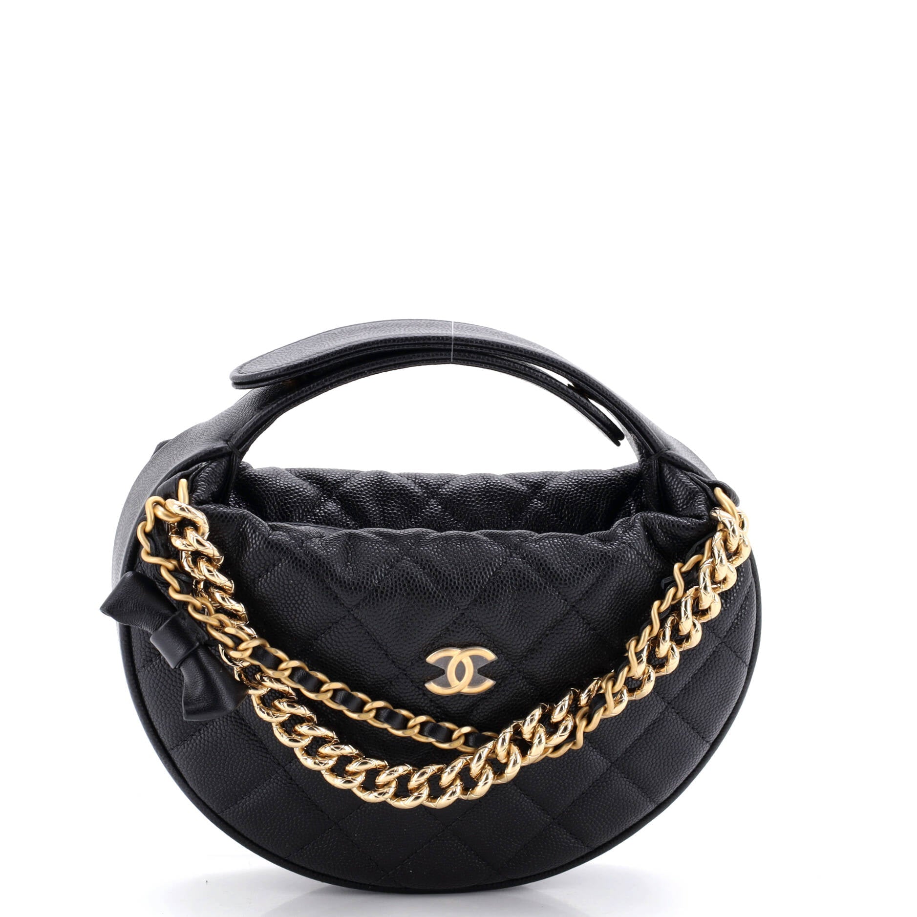 Double Chain Bow Hobo Pouch Quilted Caviar Mini