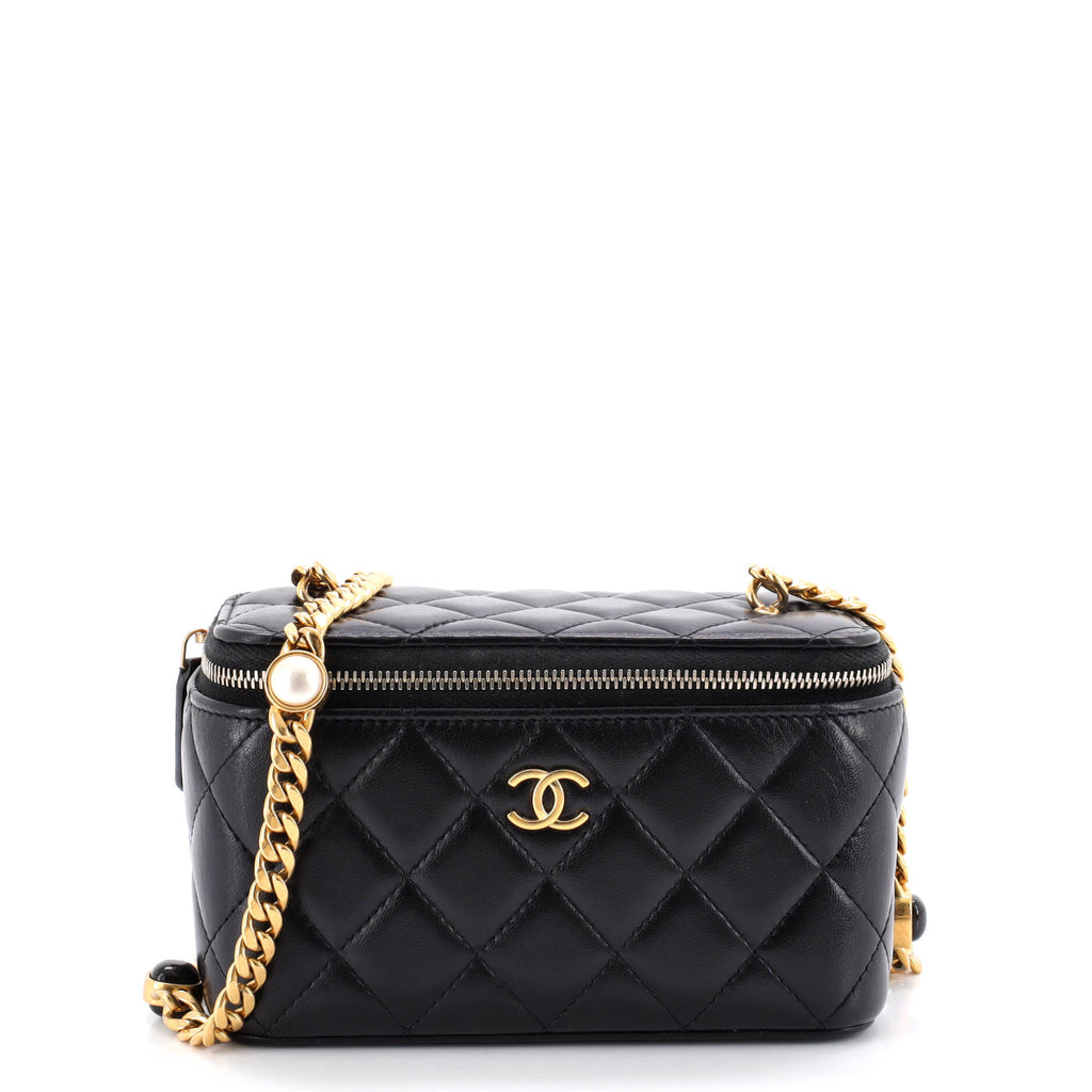 Classic Vanity Case with Resin Pearl Chain Quilted Lambskin Small