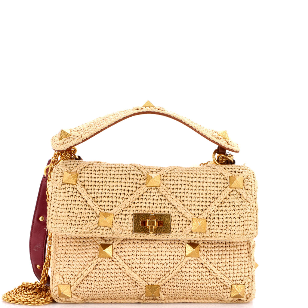 Roman Stud Flap Bag Woven Raffia Medium