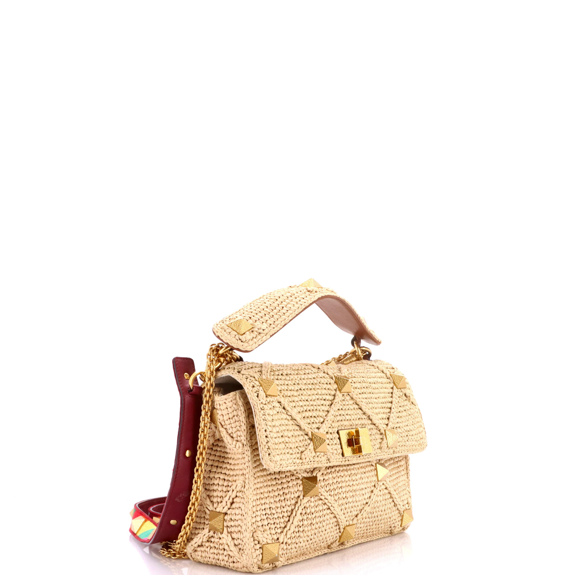 Roman Stud Flap Bag Woven Raffia Medium