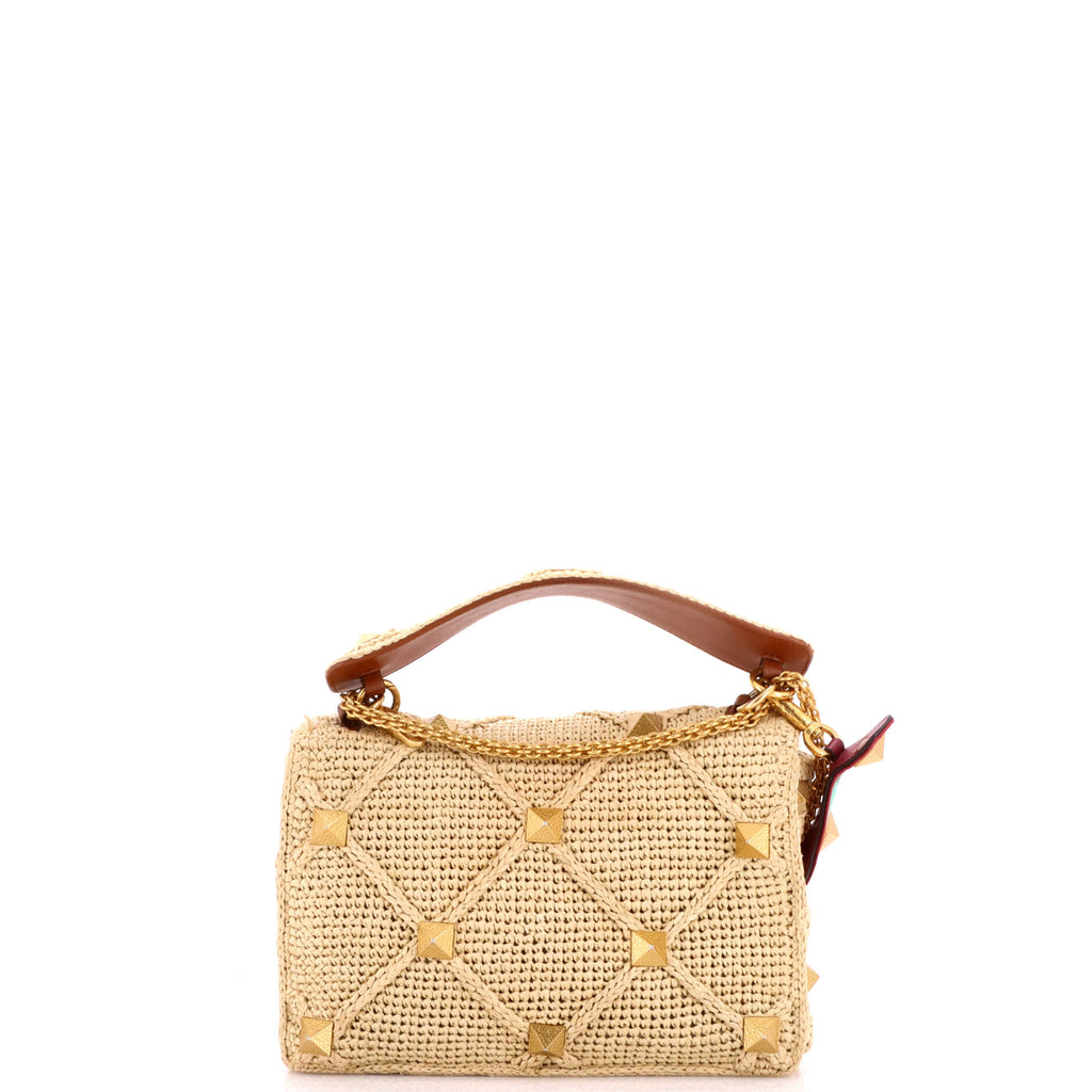 Roman Stud Flap Bag Woven Raffia Medium